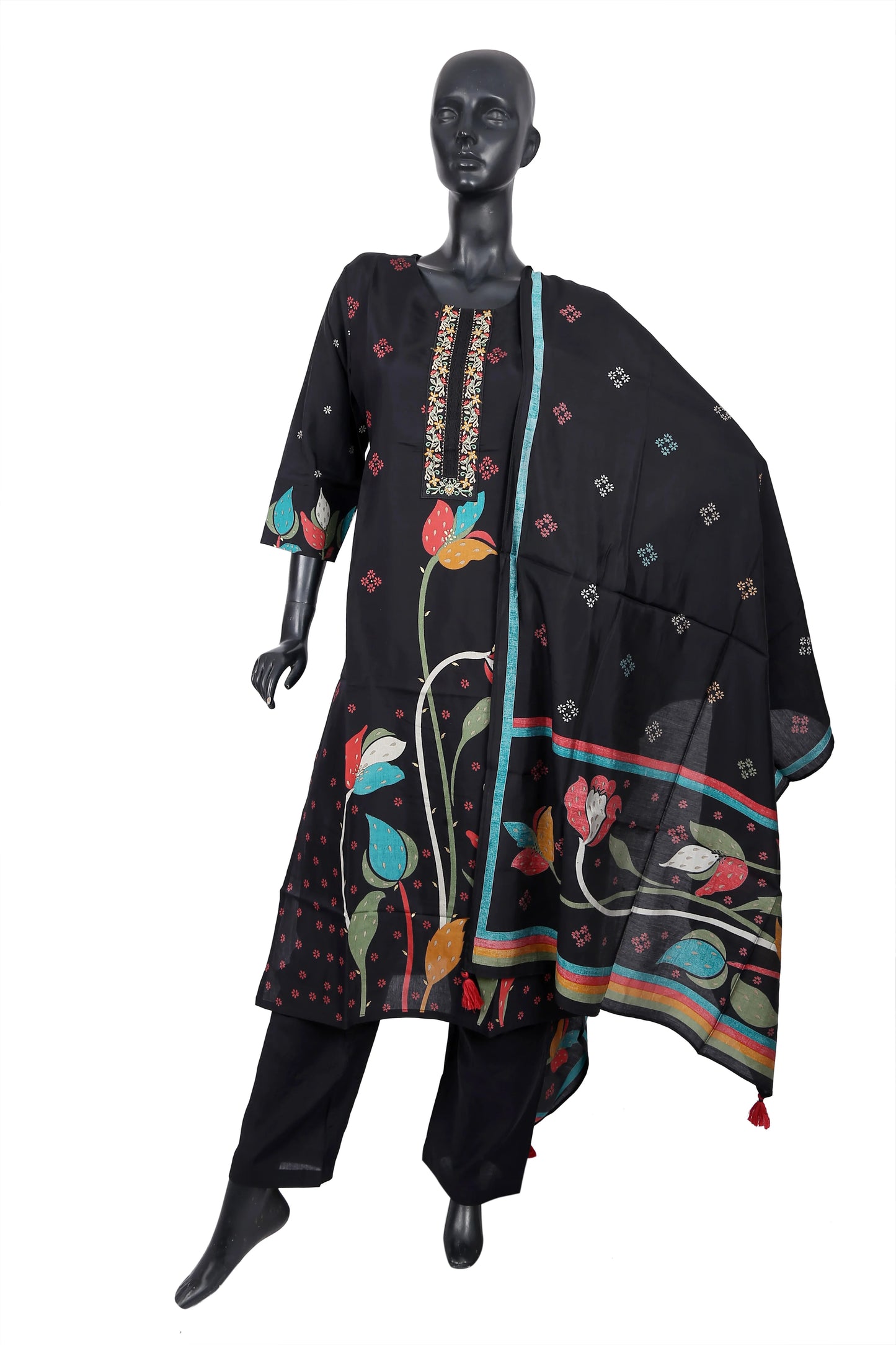 Black kurta set with floral print, colorful embroidery, and dupatta on mannequin
