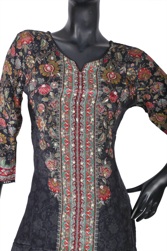 Black floral embroidered kurti with colorful threadwork on mannequin torso