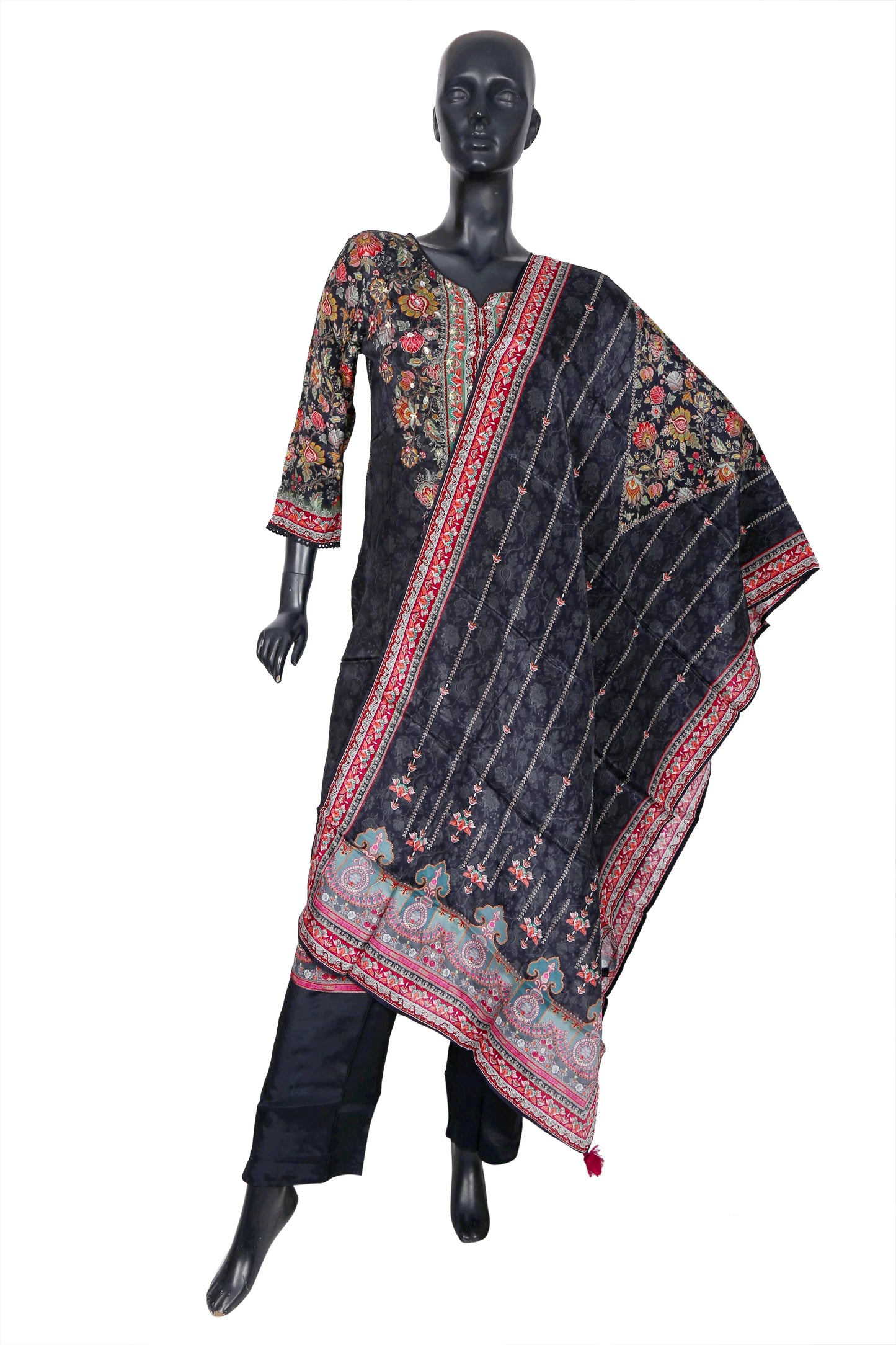 Black mannequin in a floral printed black and red Pakistani salwar kameez with dupatta