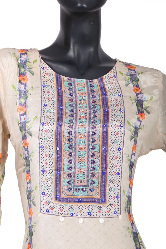 Beige kurti with colorful geometric embroidered yoke and floral printed sleeves on mannequin
