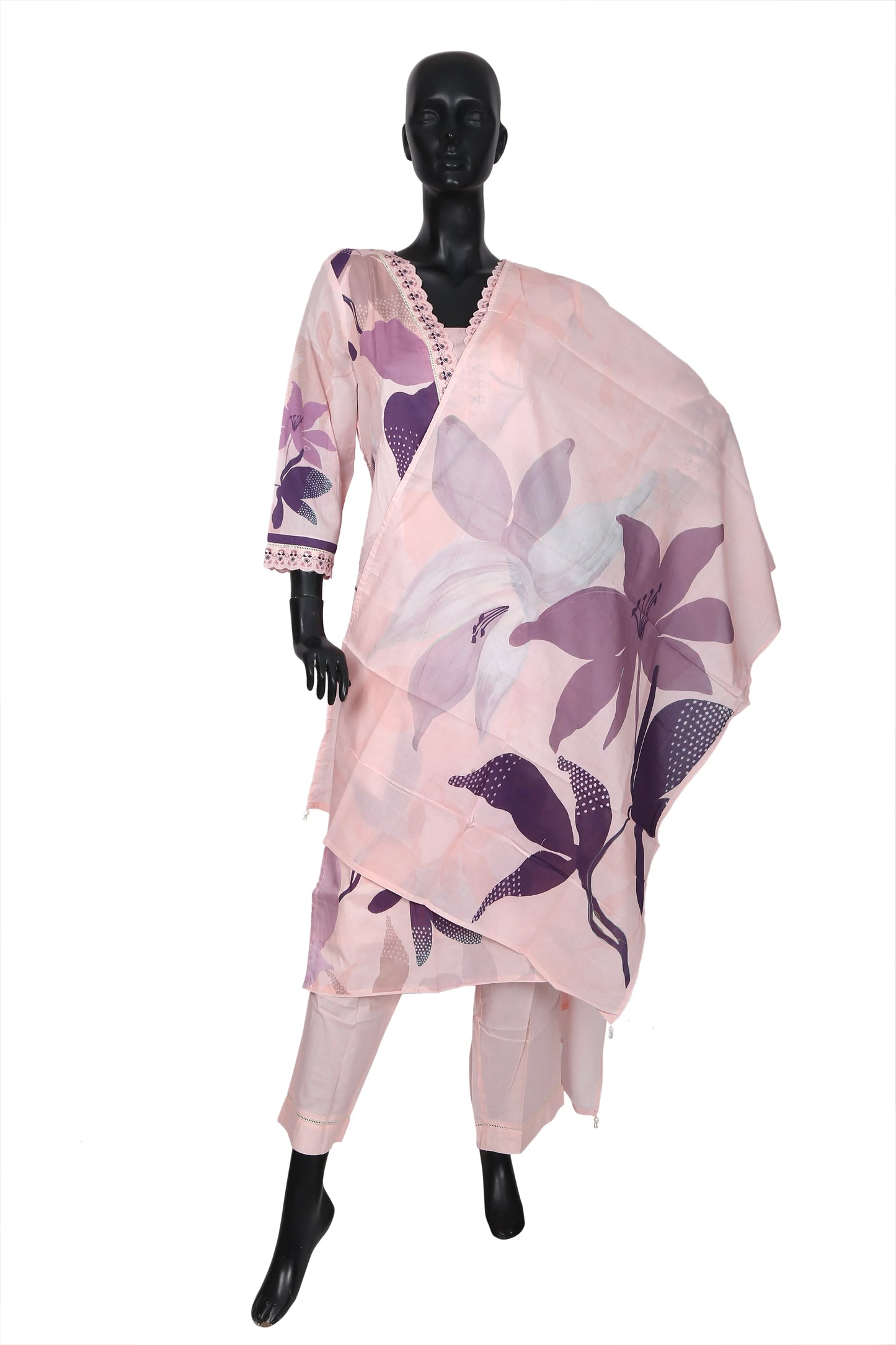 Light pink floral kurta set with purple flowers on mannequin, ethnic Indian wear