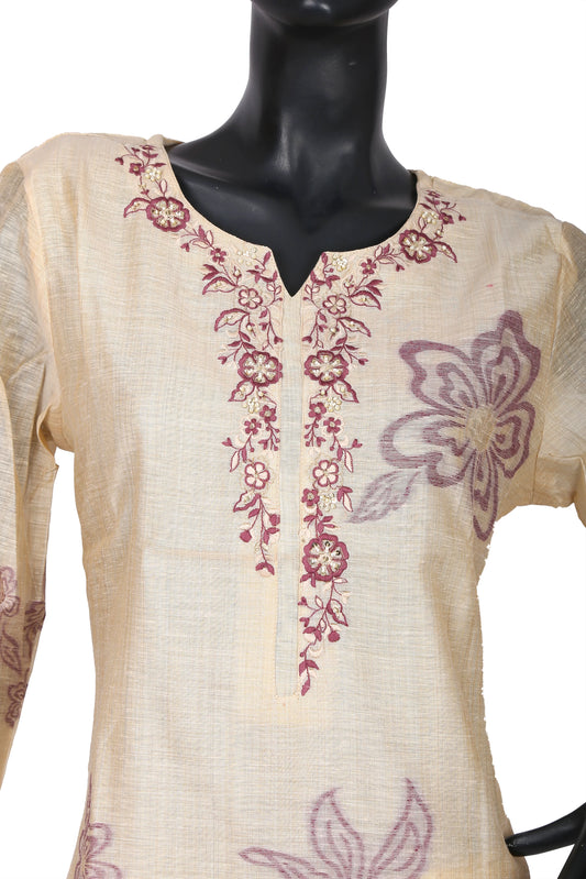 Beige kurti with maroon floral embroidery on neck and front, displayed on a mannequin