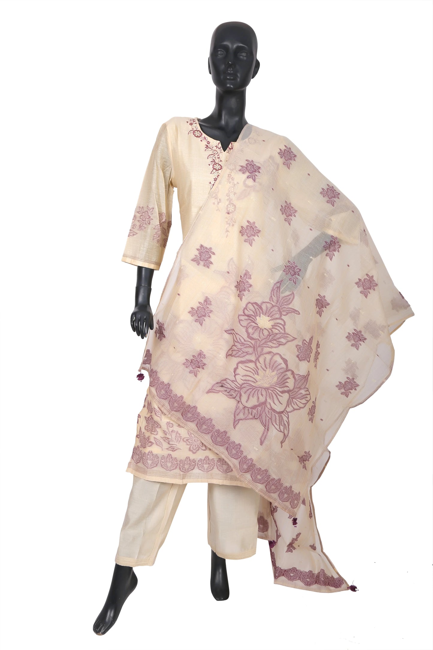 Cream embroidered salwar kameez set on mannequin with floral dupatta, ethnic wear