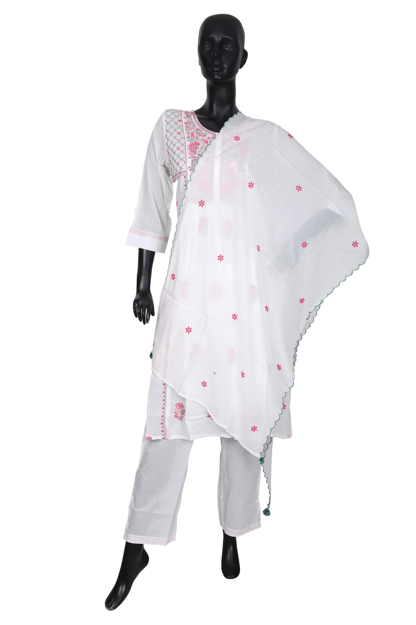 White cotton kurta set with pink embroidery and dupatta on mannequin