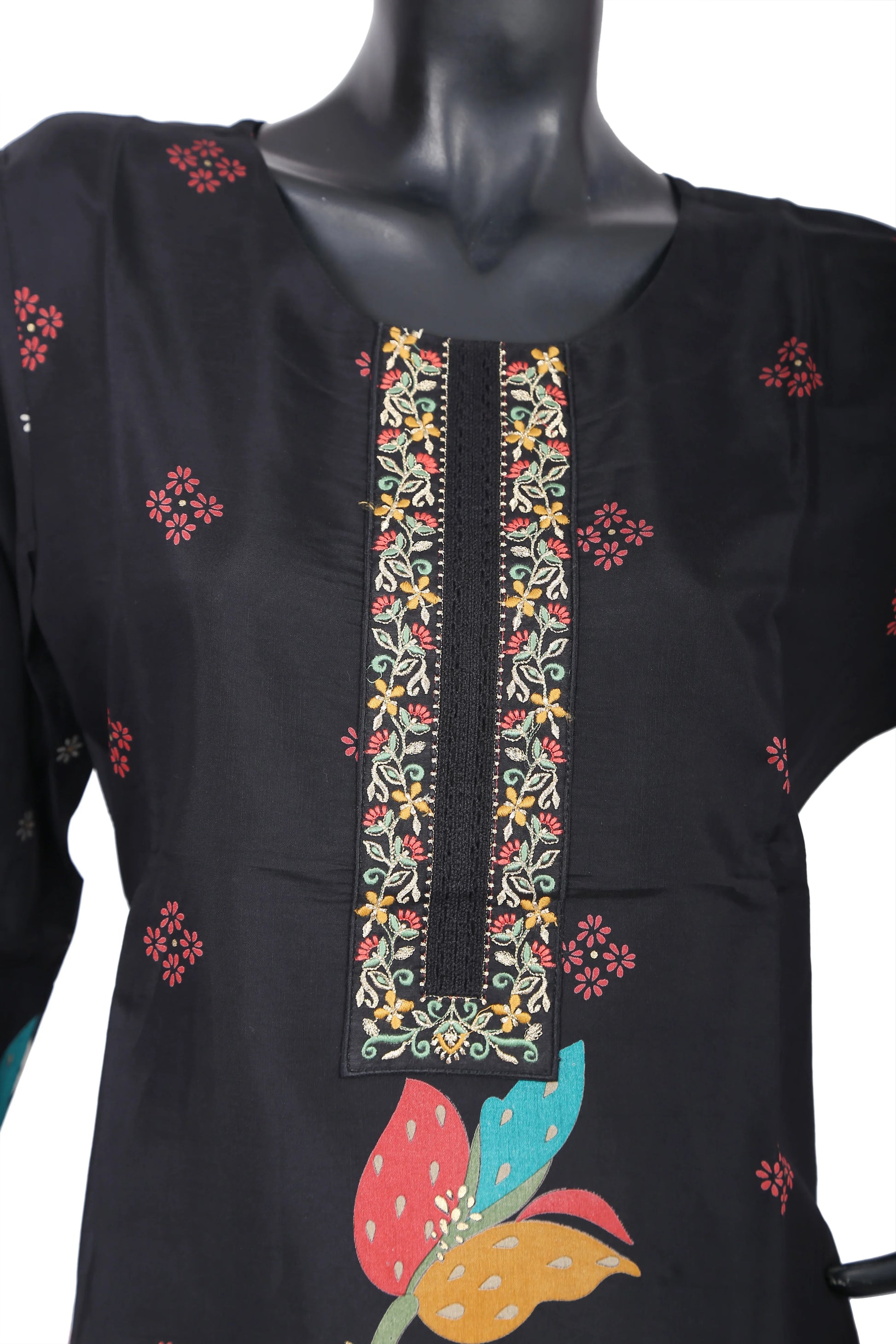 Black kurti with colorful floral embroidery and decorative neckline on mannequin