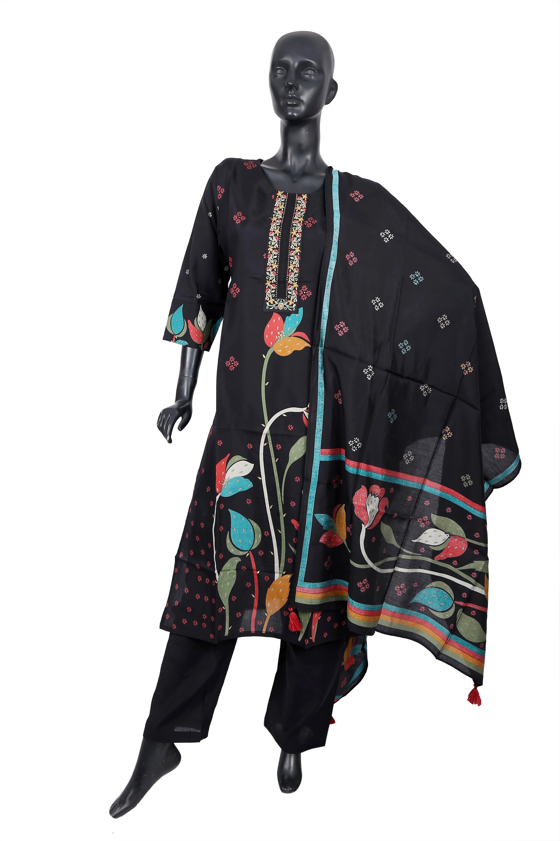 Black kurta set with floral print, colorful embroidery, and dupatta on mannequin