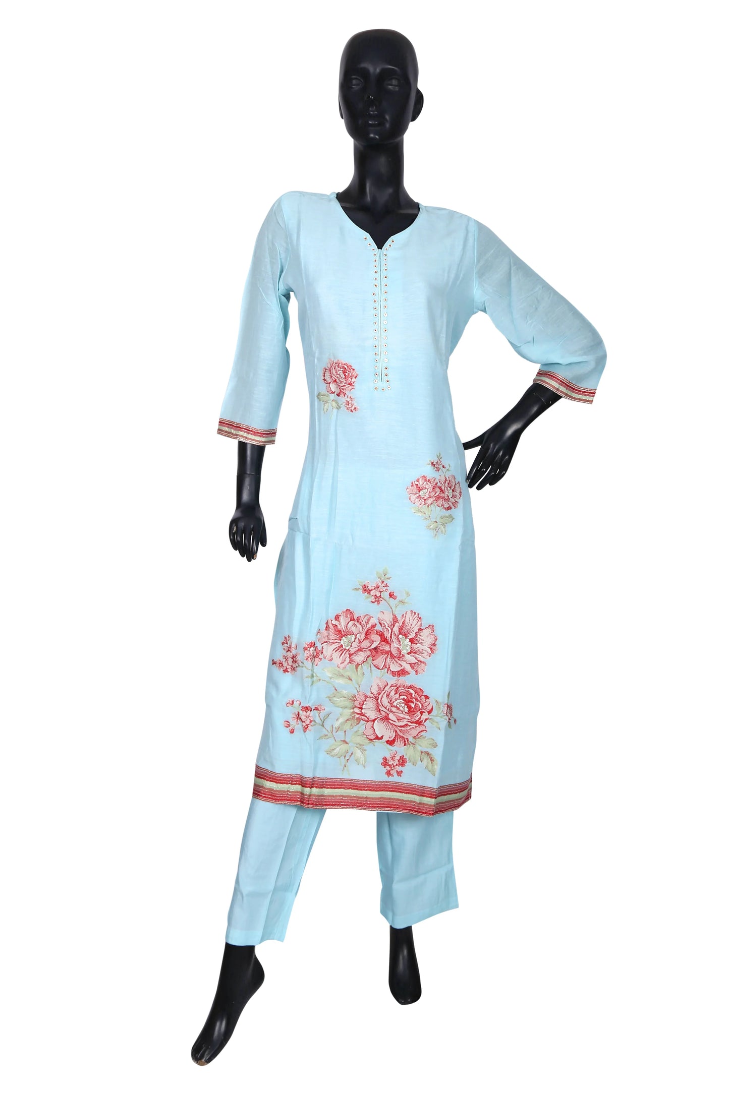 Light blue kurta set with red floral print on mannequin, three-quarter sleeves, ethnic wear