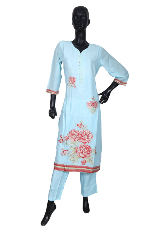 Light blue kurta set with red floral print on mannequin, three-quarter sleeves, ethnic wear