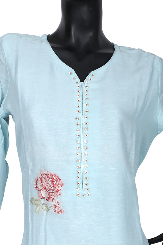 Light blue kurti with floral embroidery and beadwork on mannequin