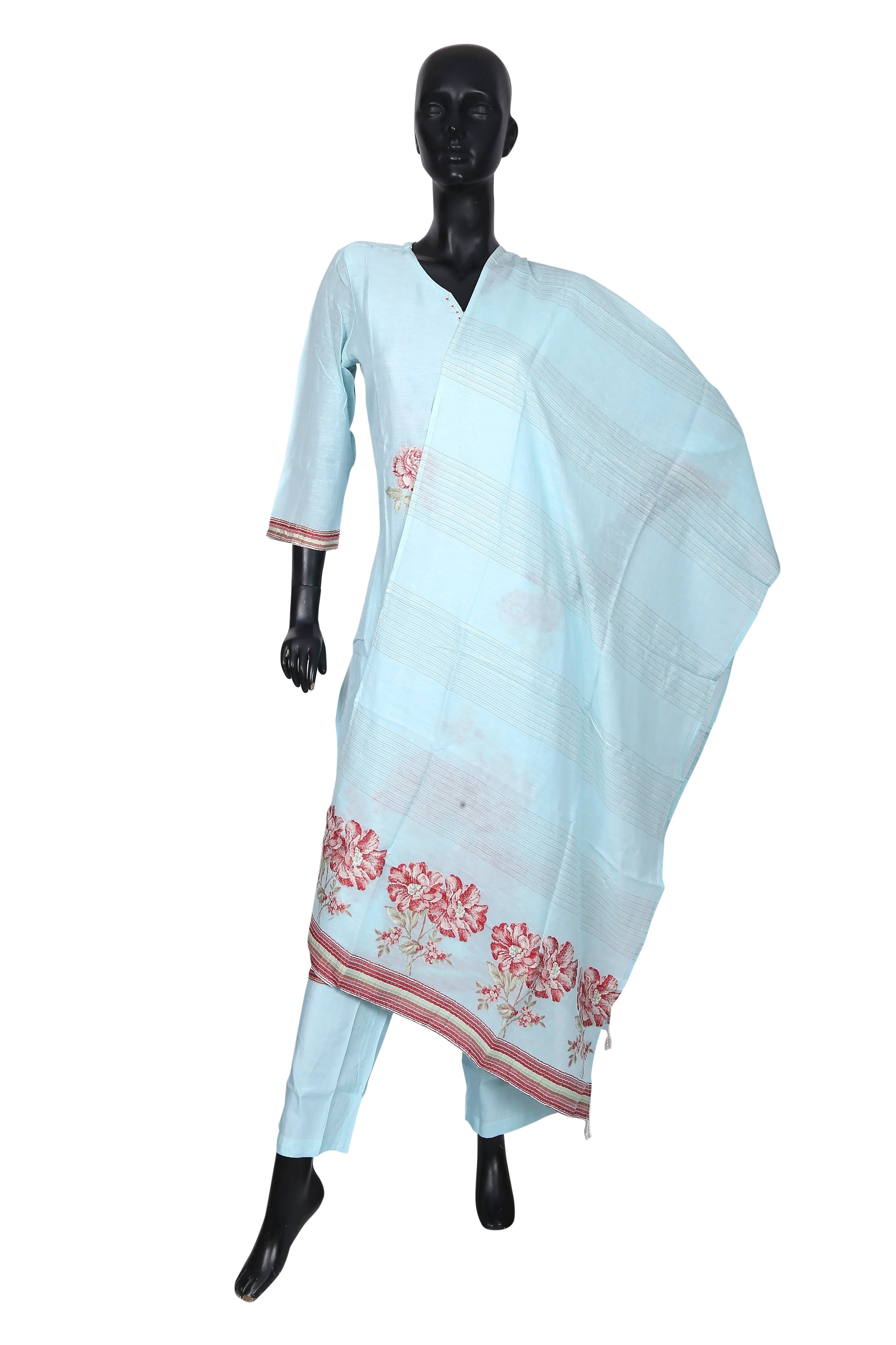 Light blue salwar suit with floral print dupatta on mannequin