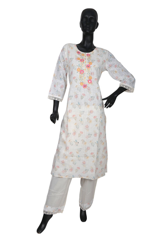 White floral printed kurta with colorful embroidery on a mannequin