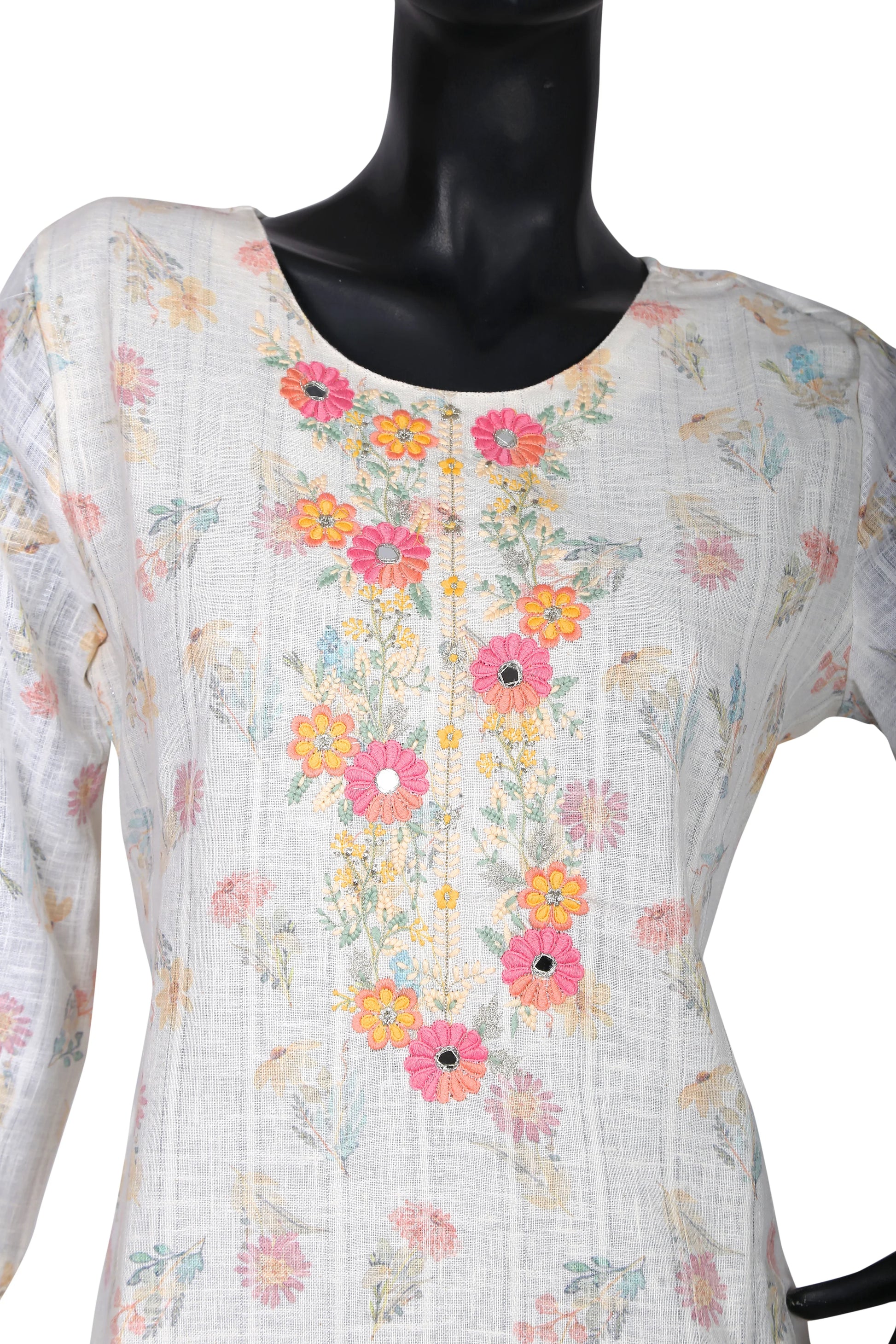 White kurti with multicolor floral embroidery on mannequin, round neck, long sleeves