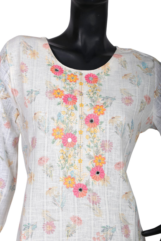 White kurti with multicolor floral embroidery on mannequin, round neck, long sleeves