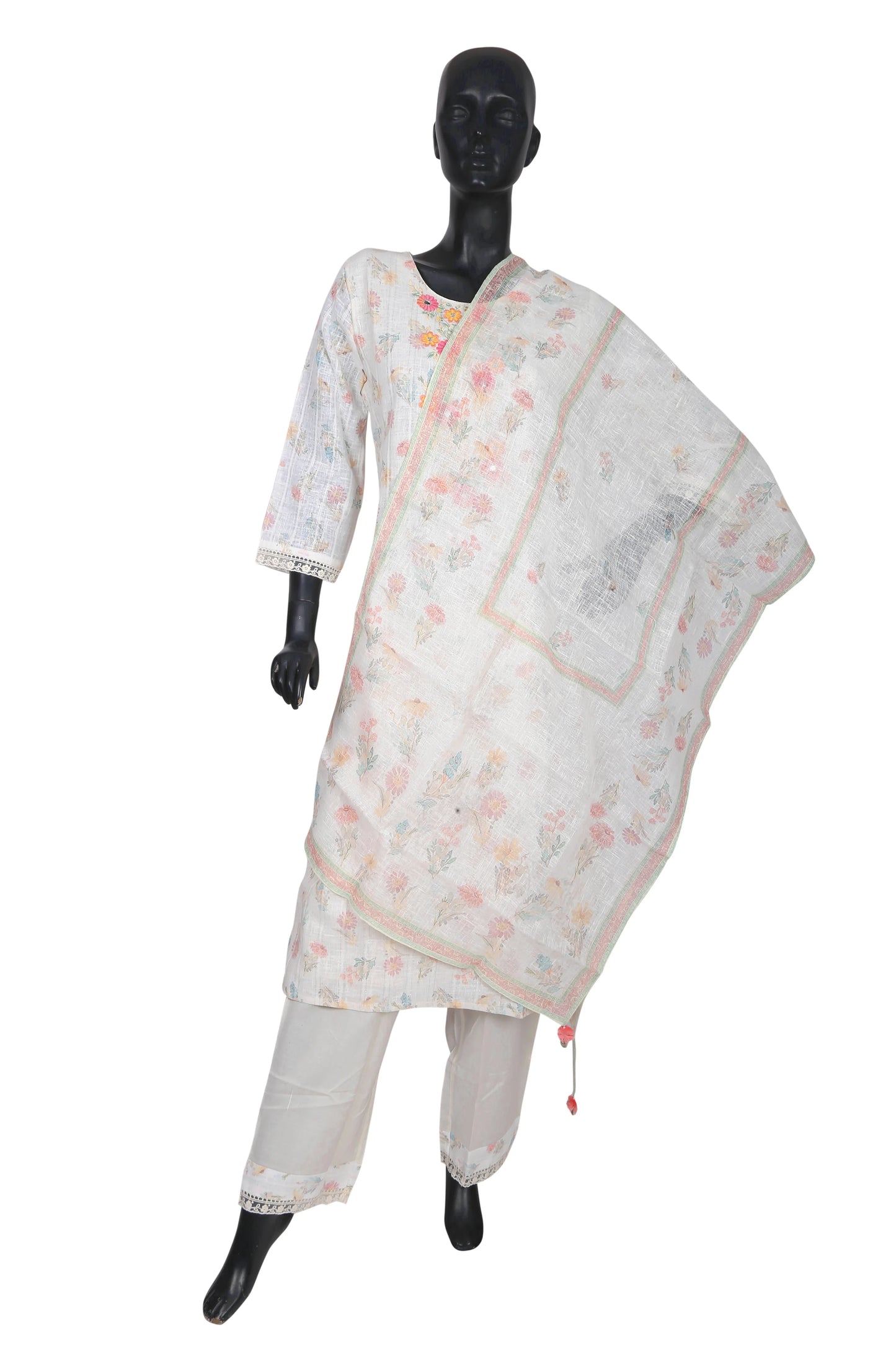 White floral kurta set with dupatta on mannequin, three-quarter sleeves, ethnic wear
