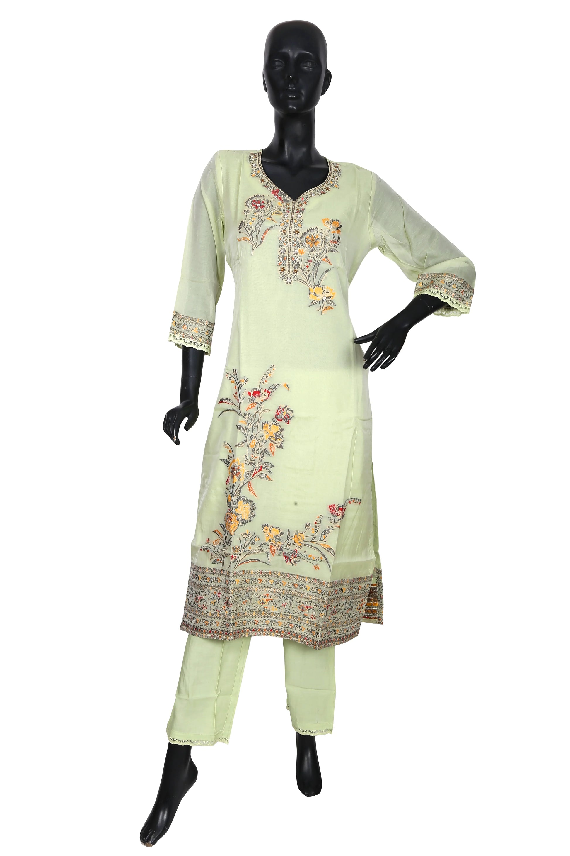 Light green embroidered kurta set with floral patterns displayed on mannequin