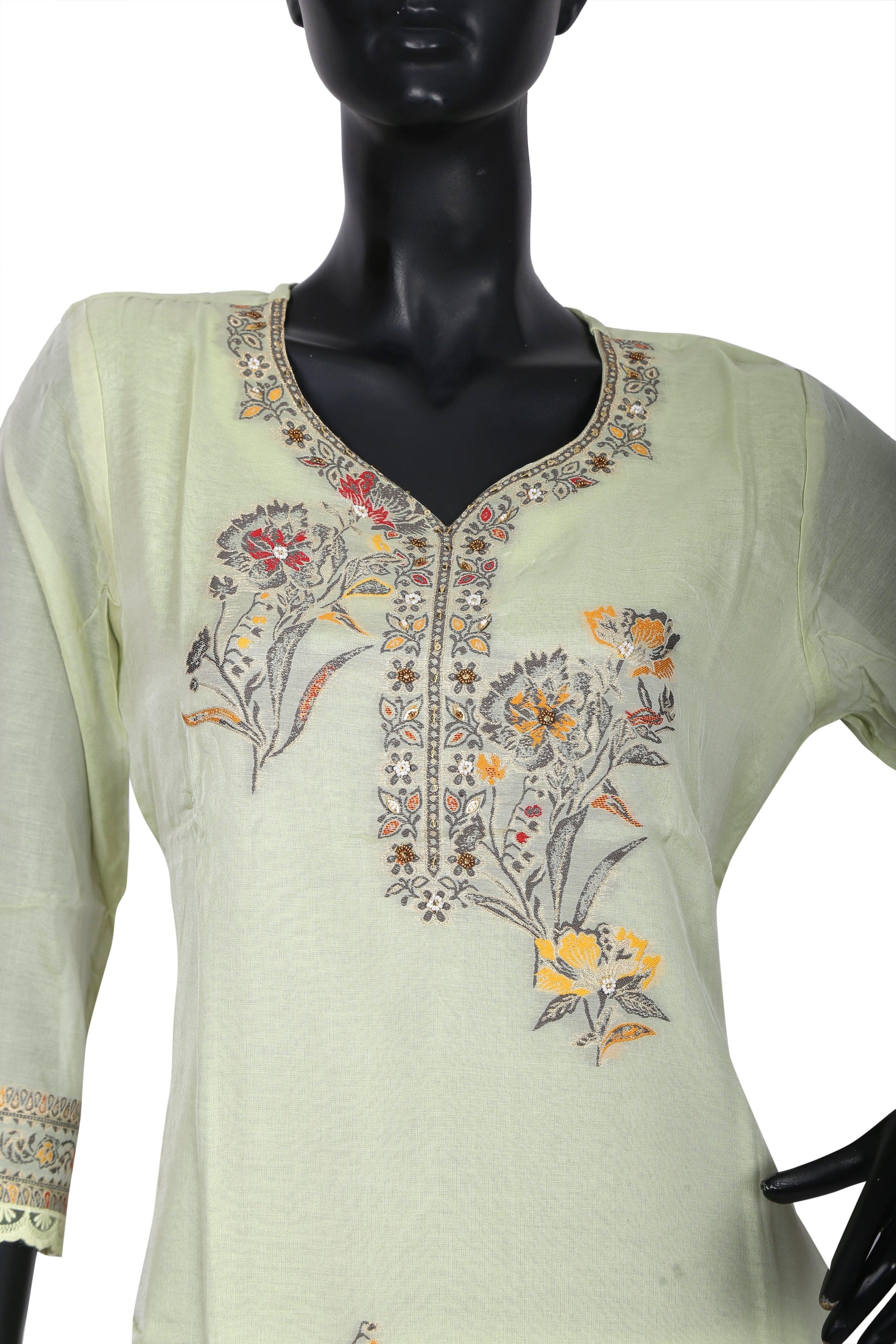 Light green kurta with floral embroidery, V-neck, displayed on mannequin