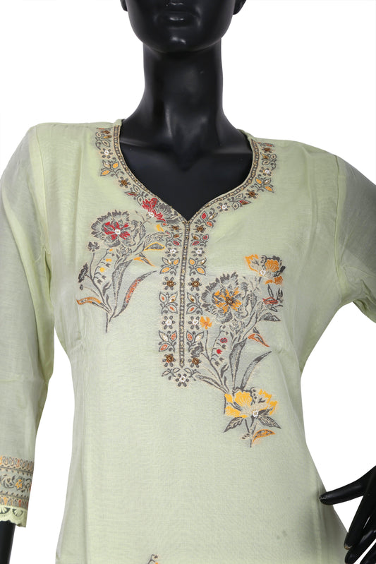 Light green kurta with floral embroidery, V-neck, displayed on mannequin