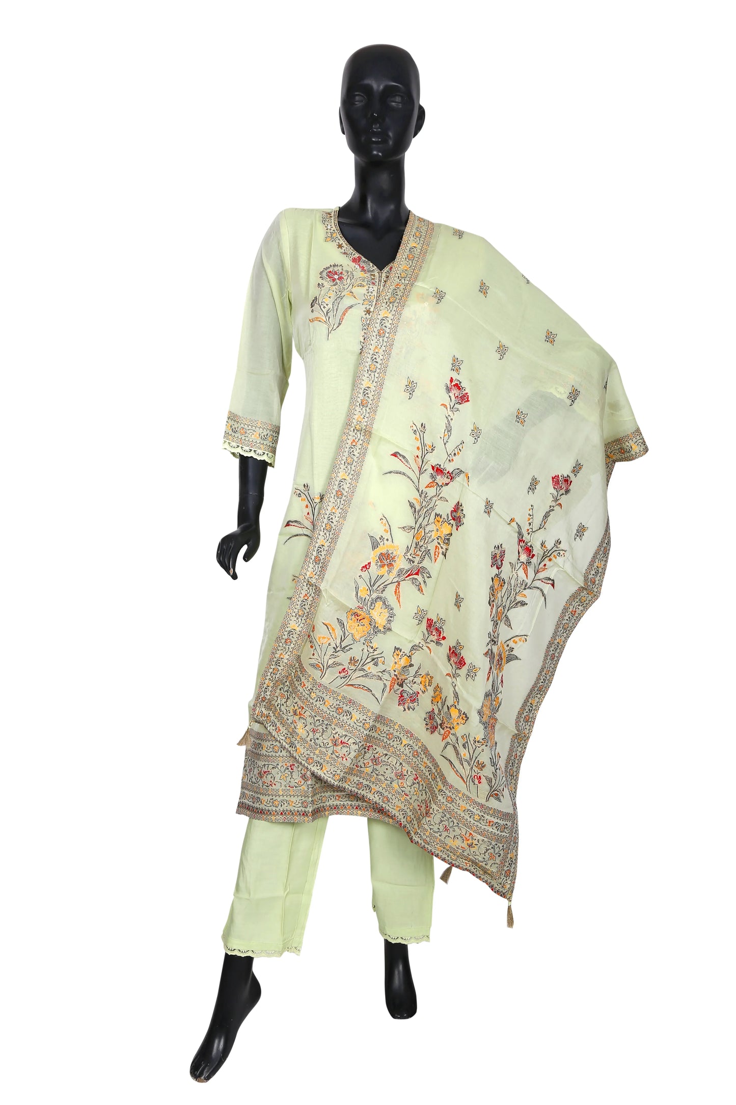 Light green floral embroidered kurta set with dupatta on mannequin, ethnic wear fashion
