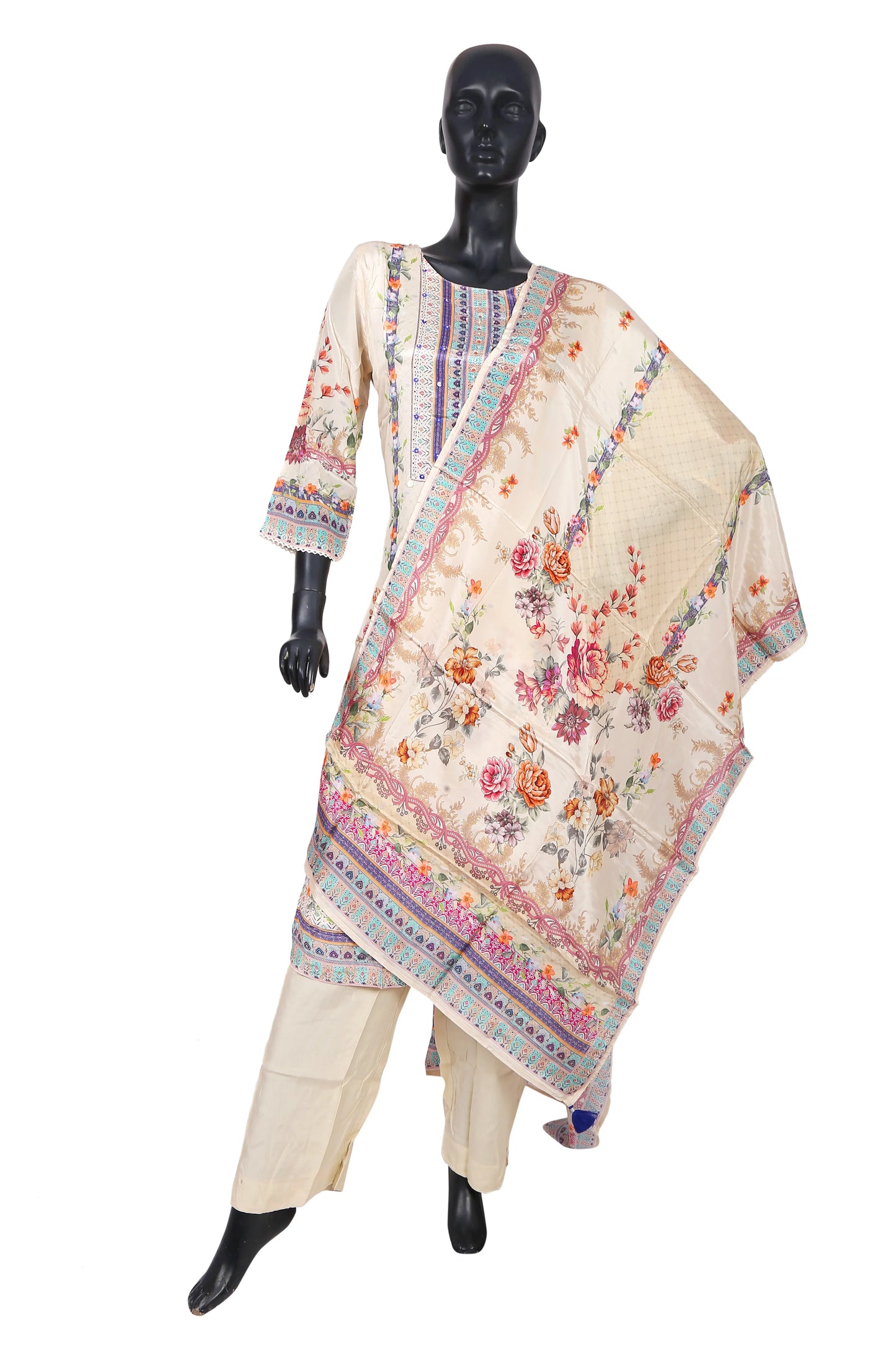 Mannequin wearing cream floral embroidered Pakistani shalwar kameez with printed dupatta