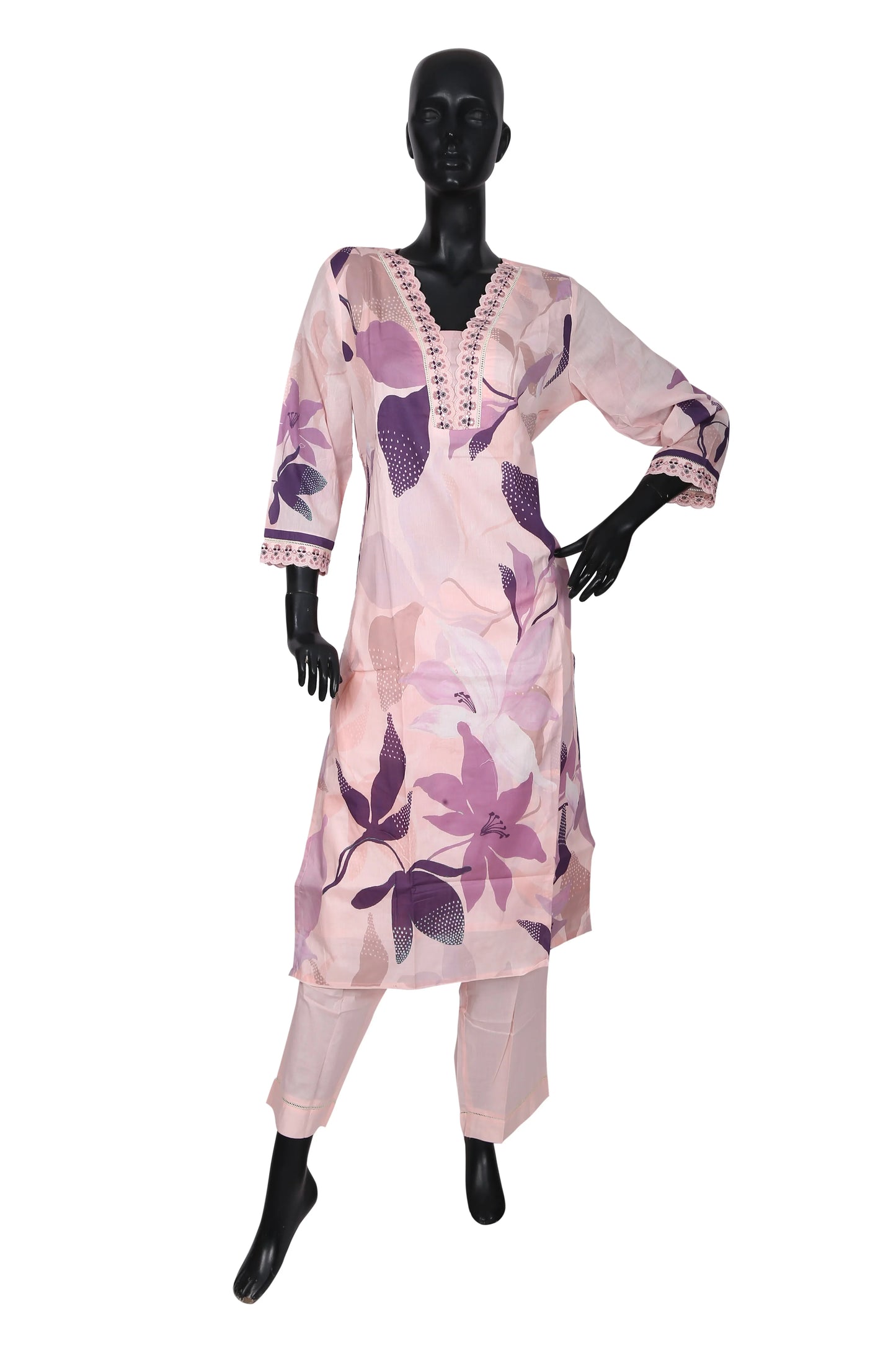 Mannequin wearing a light pink floral printed kurti with matching pants