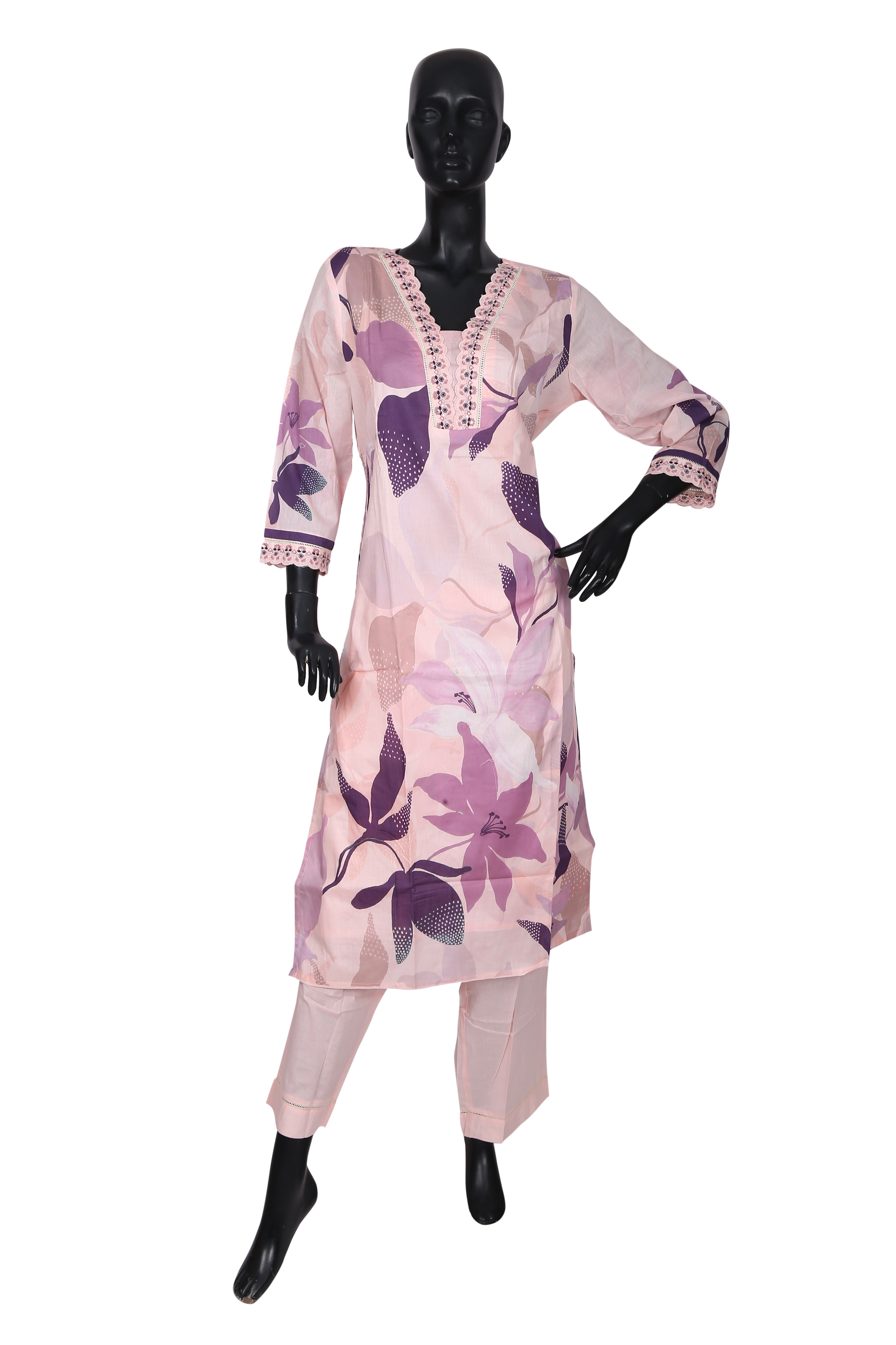 Aurelin Petal Pink Printed Cotton Kurta Set