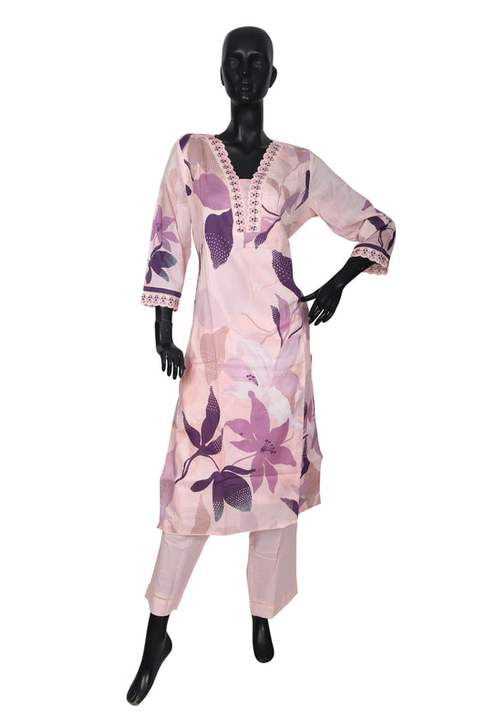 Mannequin wearing a light pink floral printed kurti with matching pants