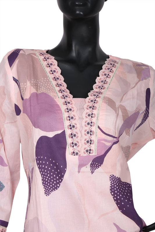 Pink and purple floral print kurta with embroidered neckline on mannequin
