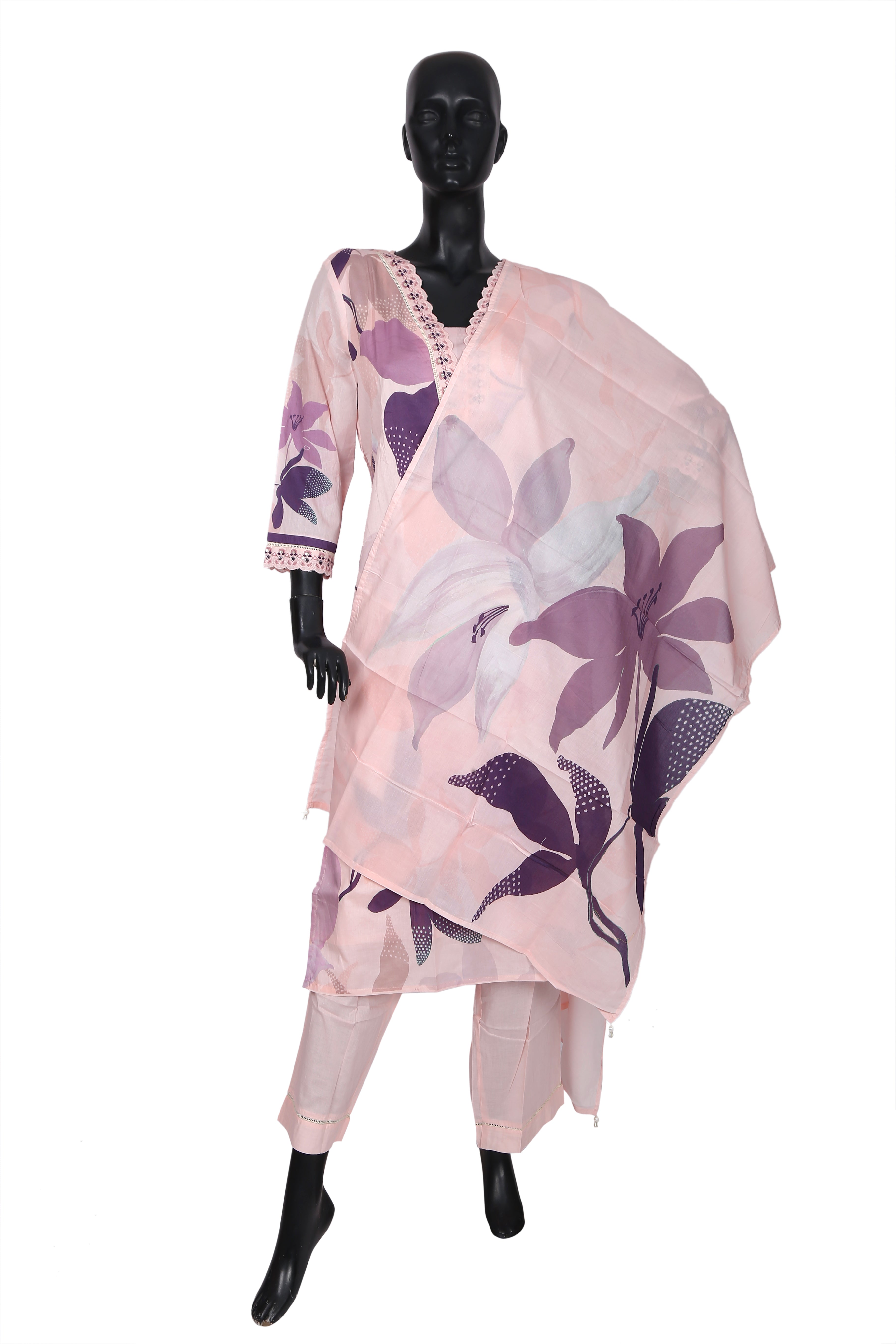Aurelin Petal Pink Printed Cotton Kurta Set