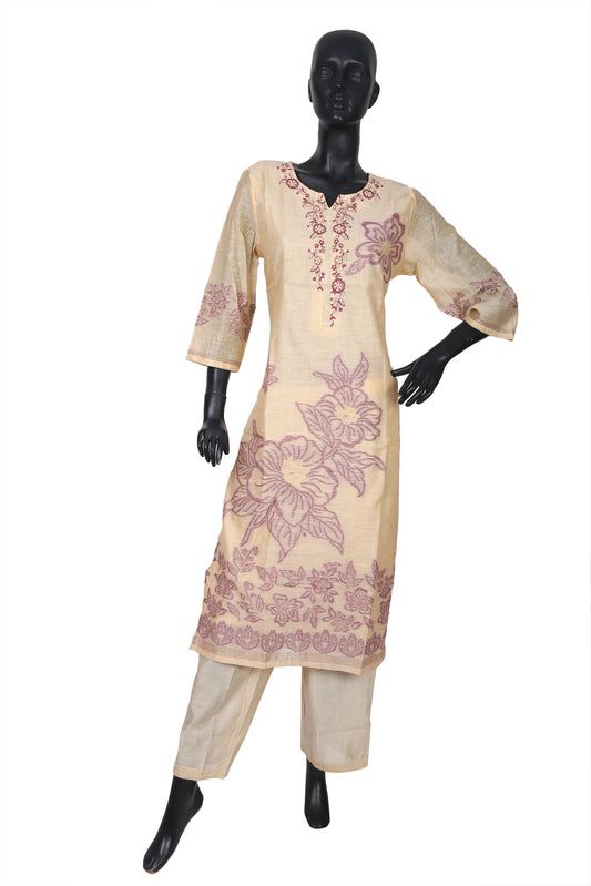 Mannequin in cream floral embroidered kurta set with three-quarter sleeves and straight pants