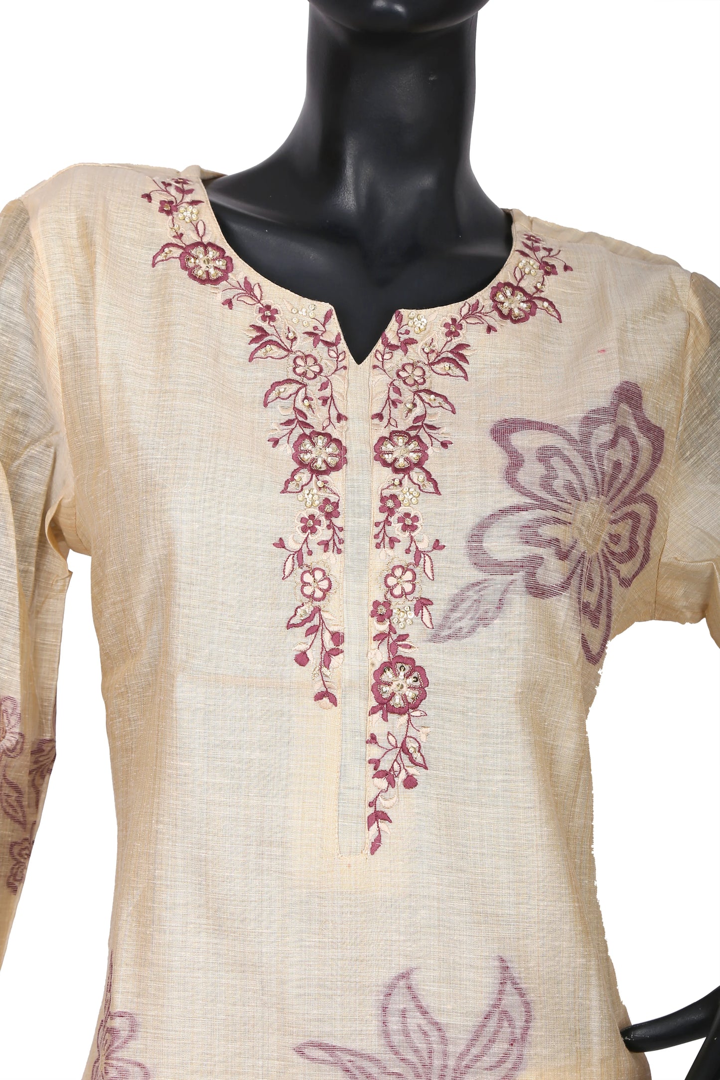 Beige kurti with maroon floral embroidery on neck and front, displayed on a mannequin