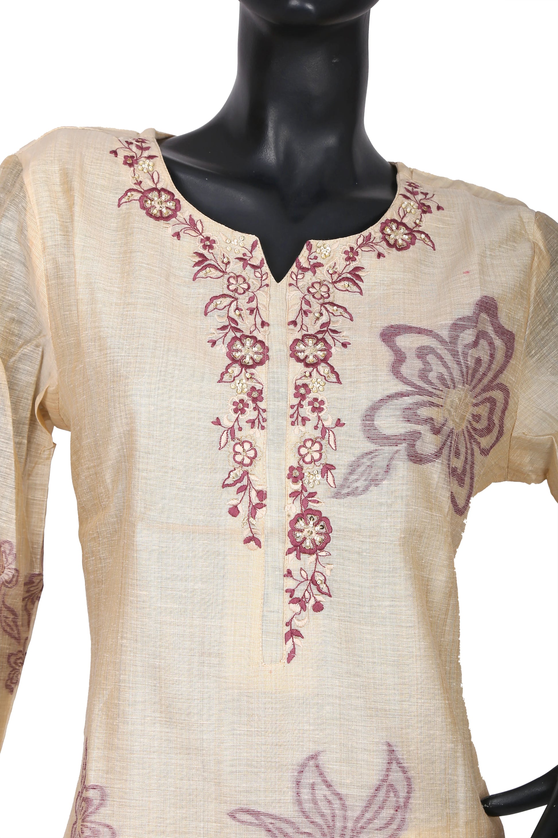 Beige kurti with maroon floral embroidery on neck and front, displayed on a mannequin