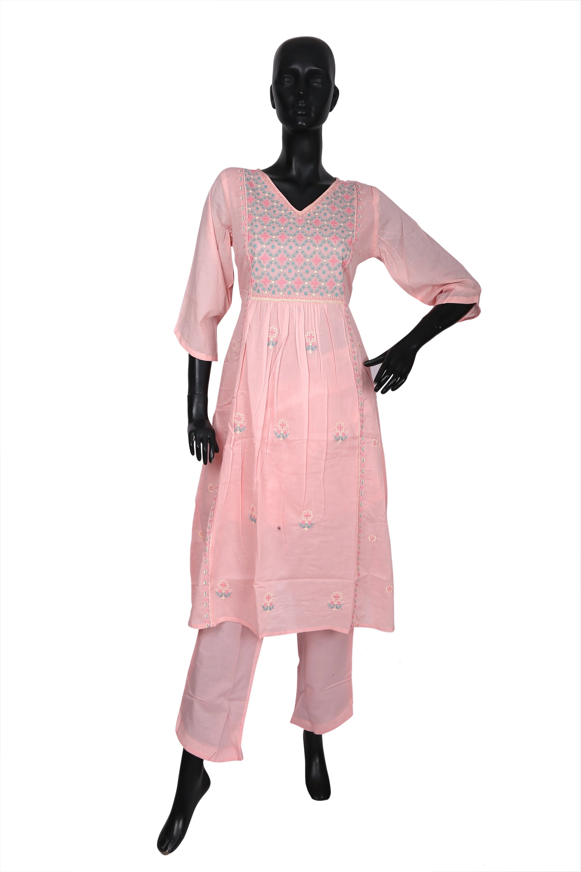 Light pink embroidered kurta set on mannequin, three-quarter sleeves, ethnic wear