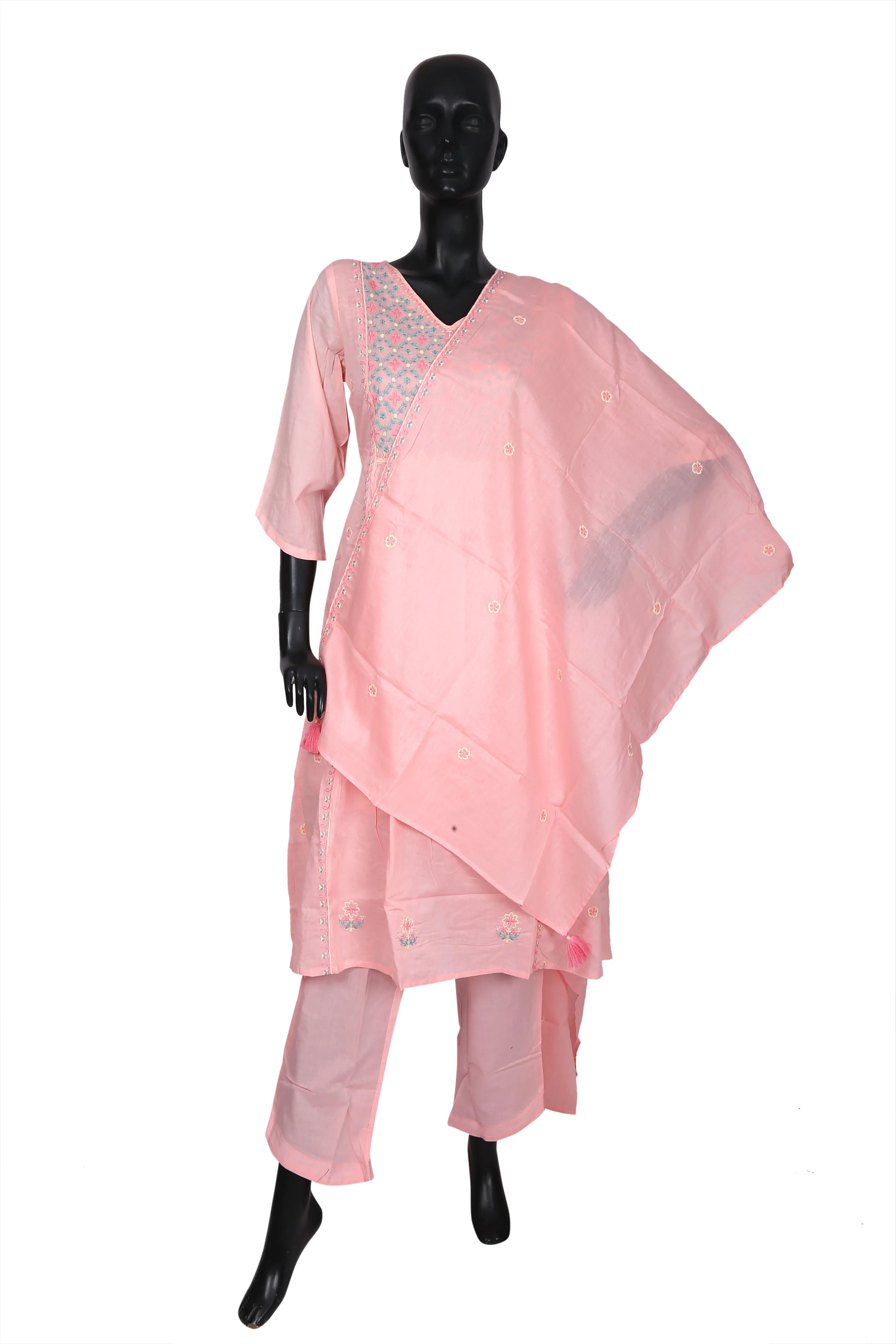 Mannequin wearing light pink embroidered kurta set with dupatta and pants on white background