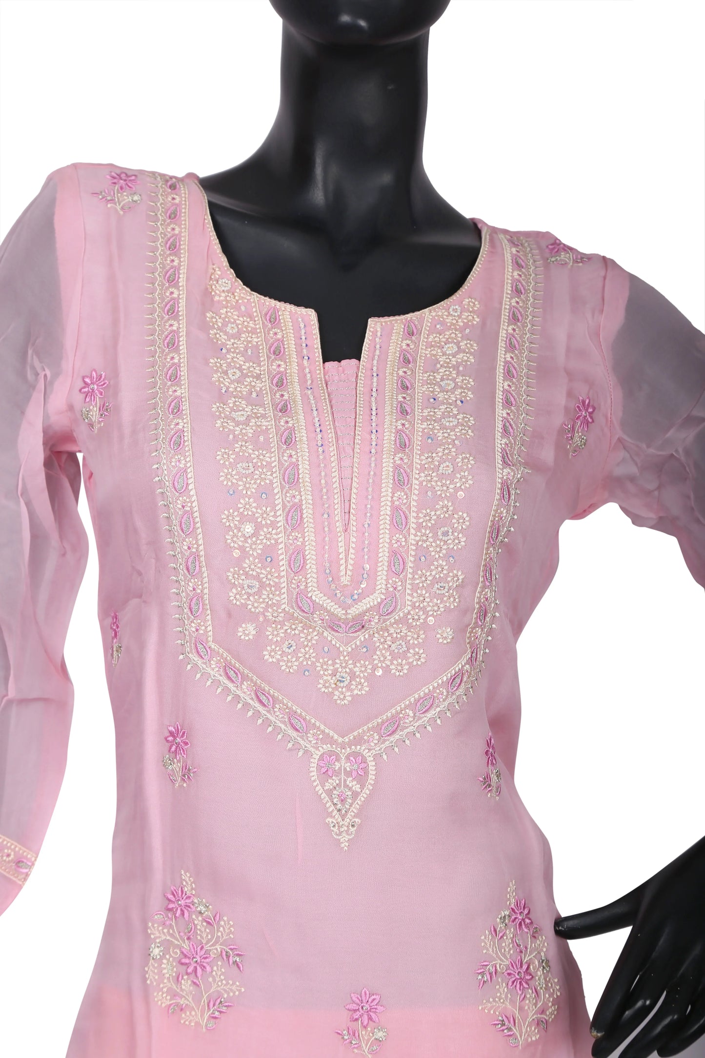 Light pink embroidered kurta with floral patterns on a mannequin, sheer sleeves, ethnic wear