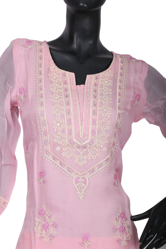 Light pink embroidered kurta with floral patterns on a mannequin, sheer sleeves, ethnic wear