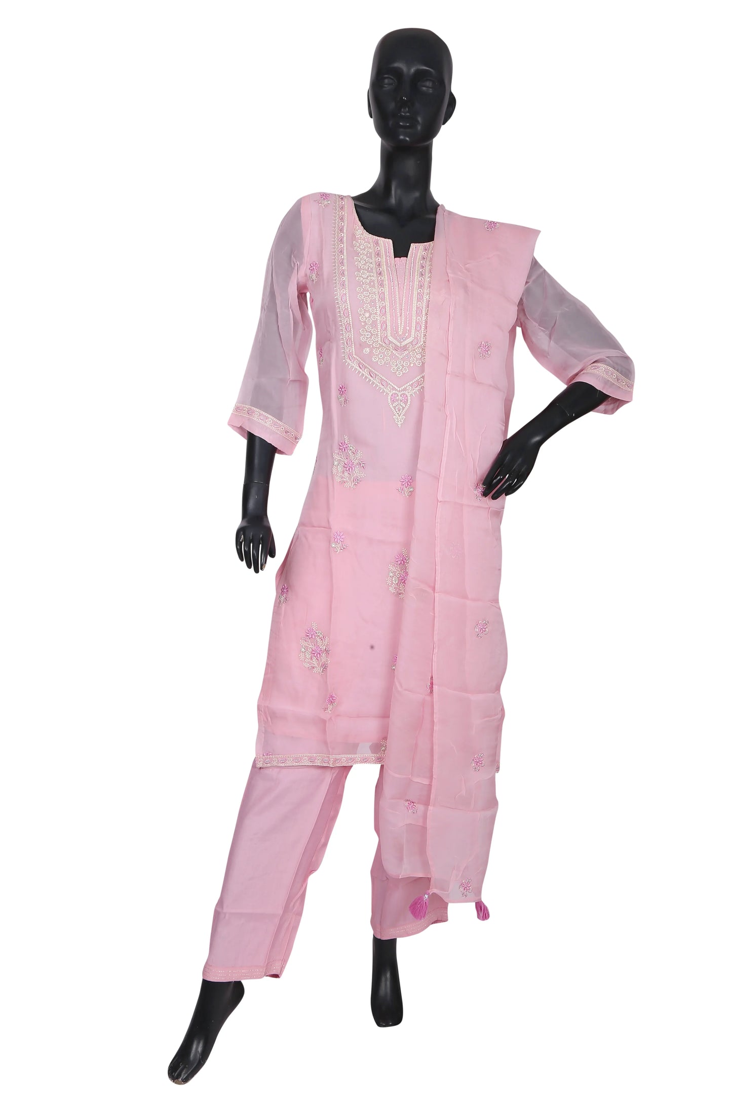 Mannequin in pink embroidered salwar kameez with dupatta, Indian ethnic wear