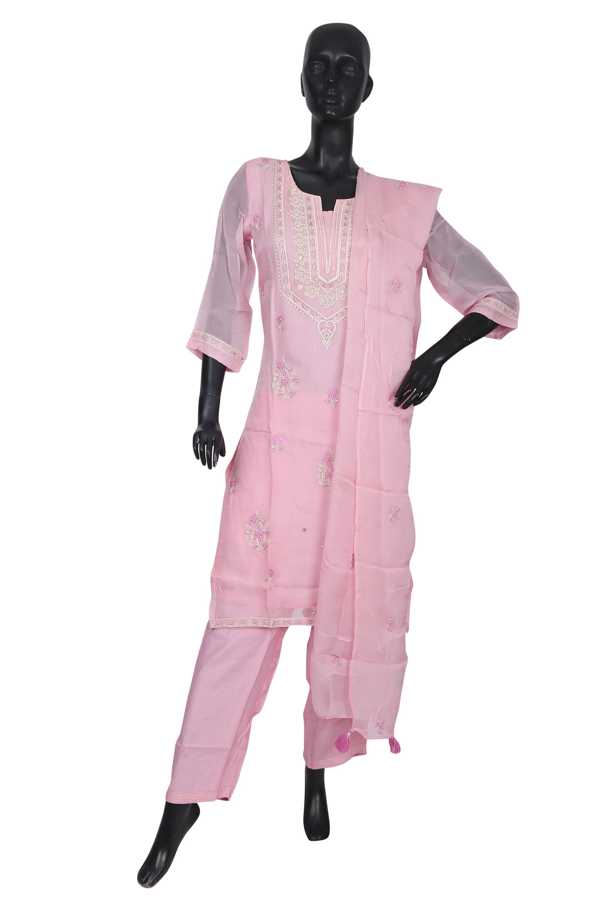 Mannequin in pink embroidered salwar kameez with dupatta, Indian ethnic wear