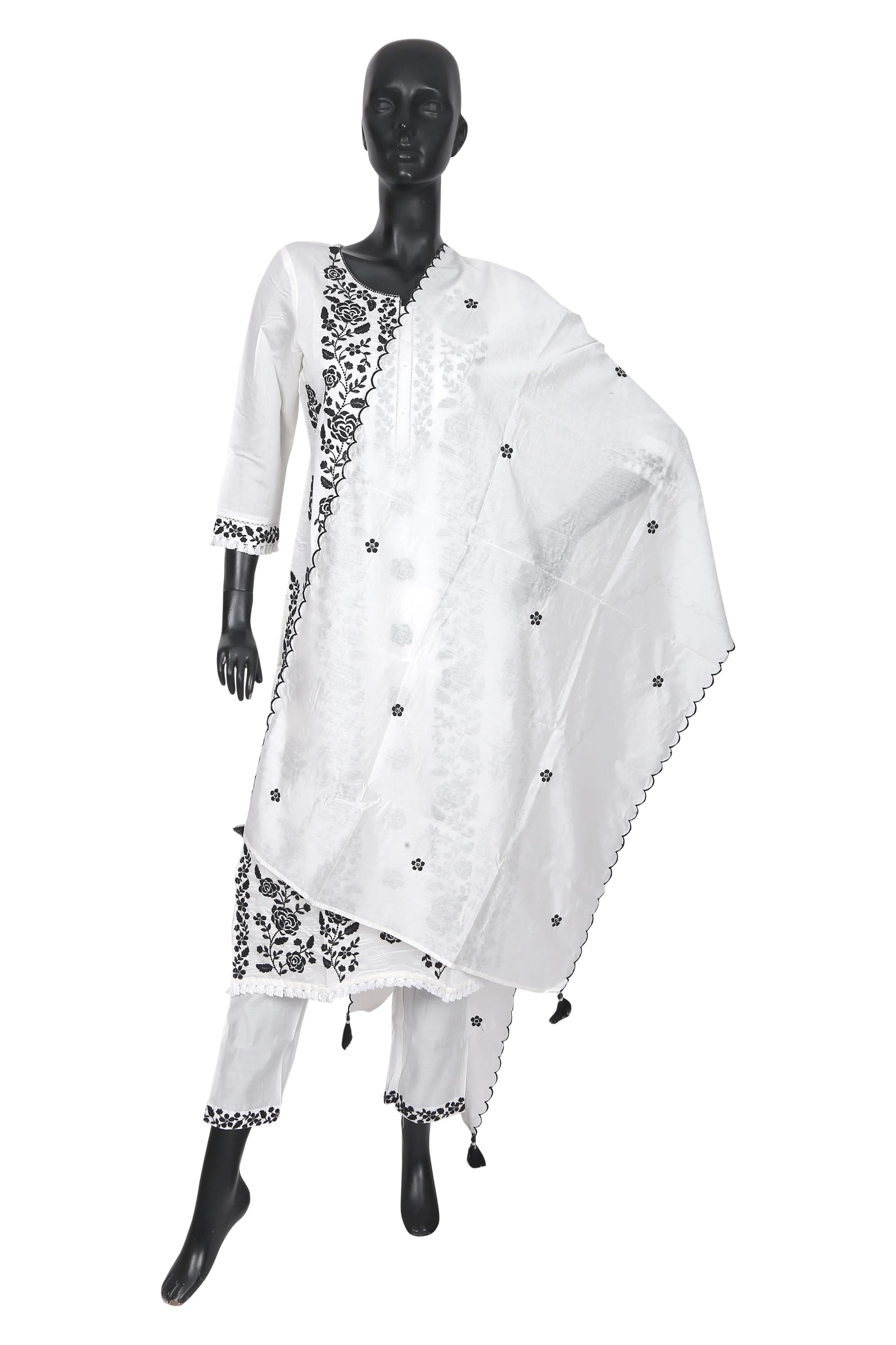 Mannequin in white and black embroidered kurta set with dupatta, ethnic wear display