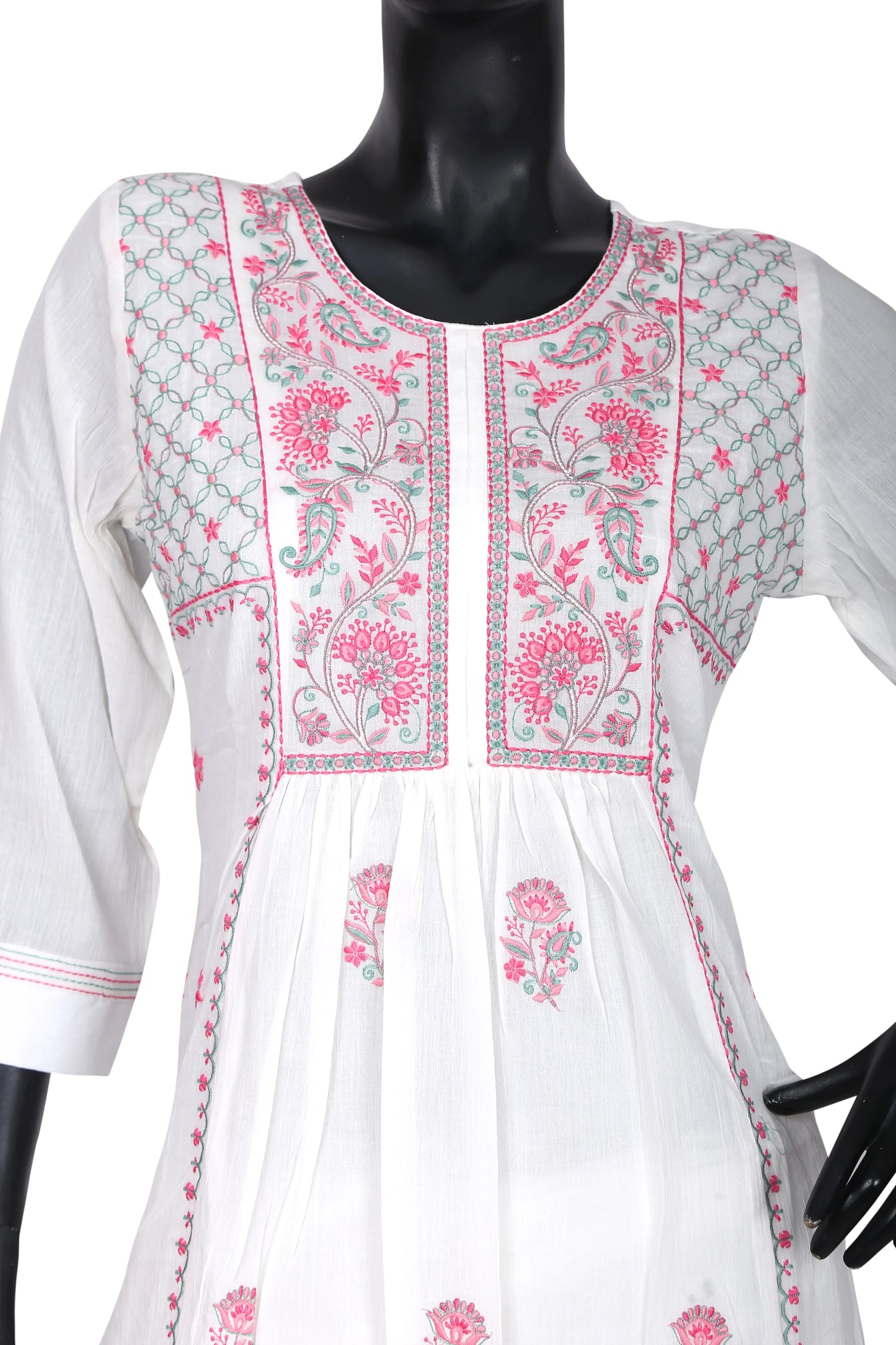 White kurta with pink floral and green embroidery, three-quarter sleeves, on mannequin