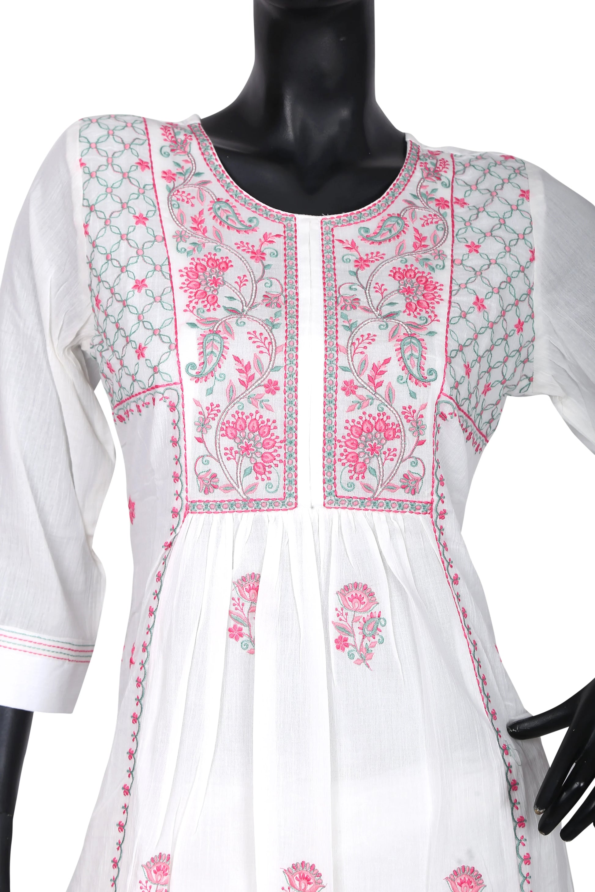 White kurta with pink floral and green embroidery, three-quarter sleeves, on mannequin