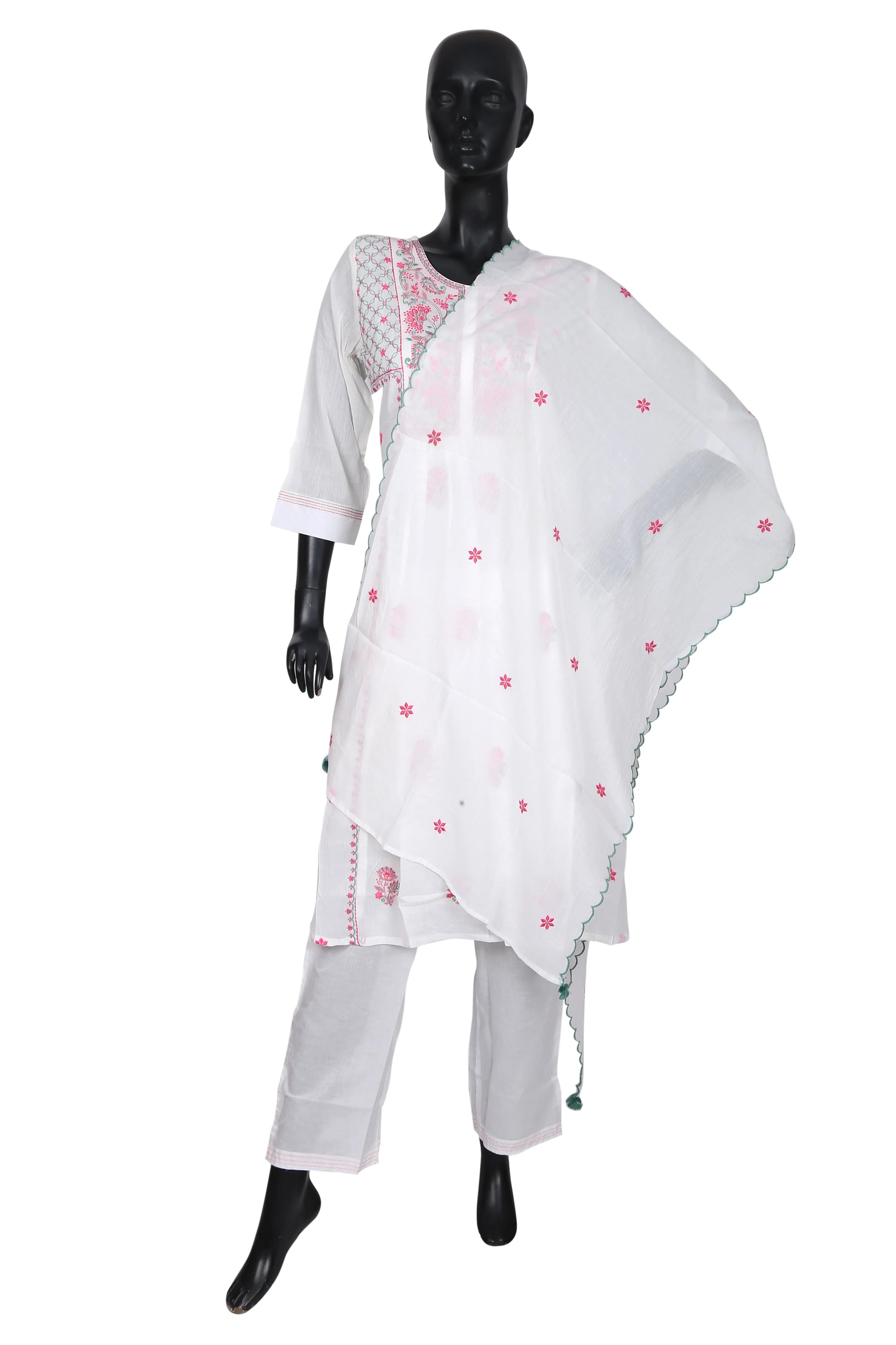 White cotton kurta set with pink embroidery and dupatta on mannequin