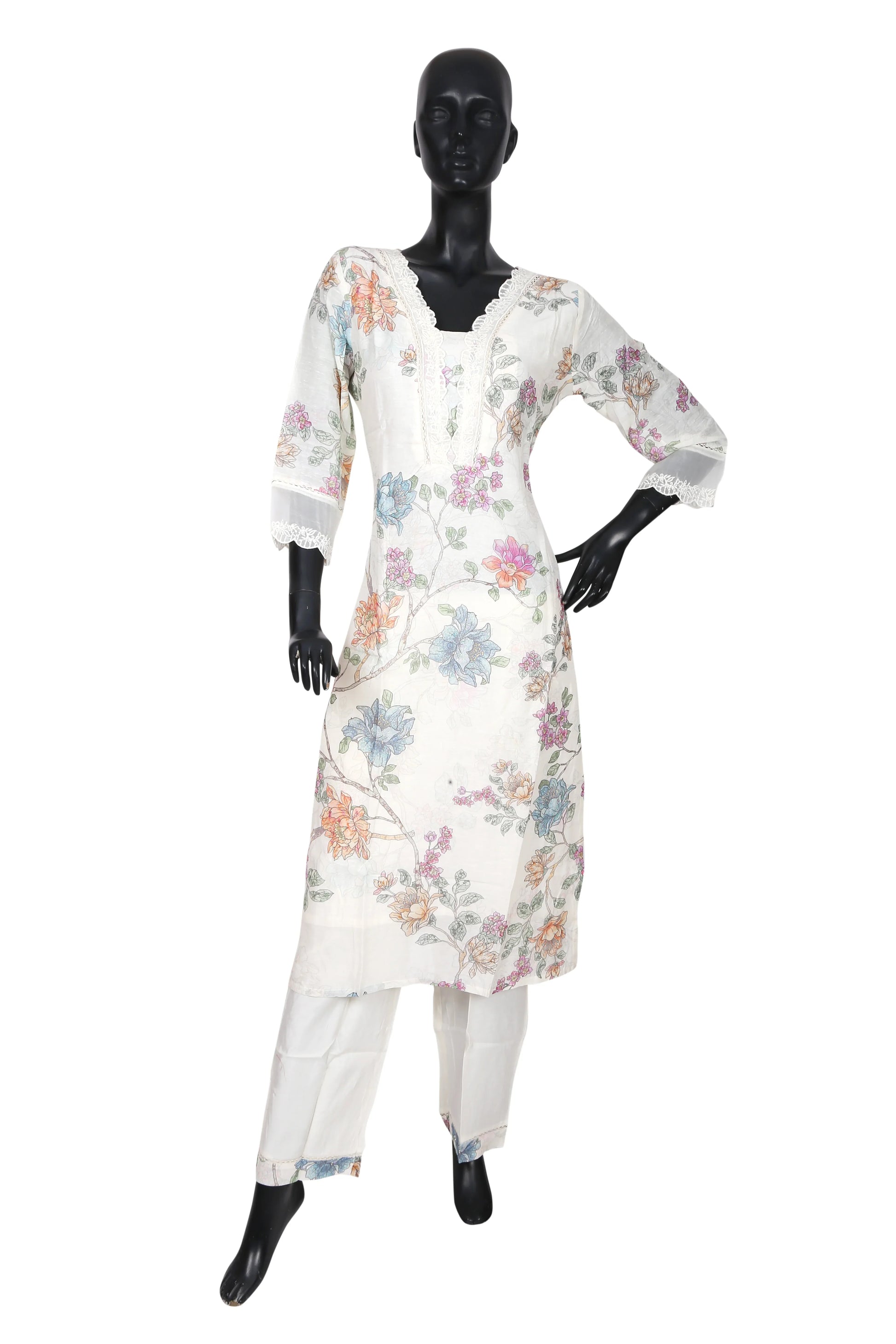 White floral printed kurta set with lace trim on a mannequin, ethnic women's wear