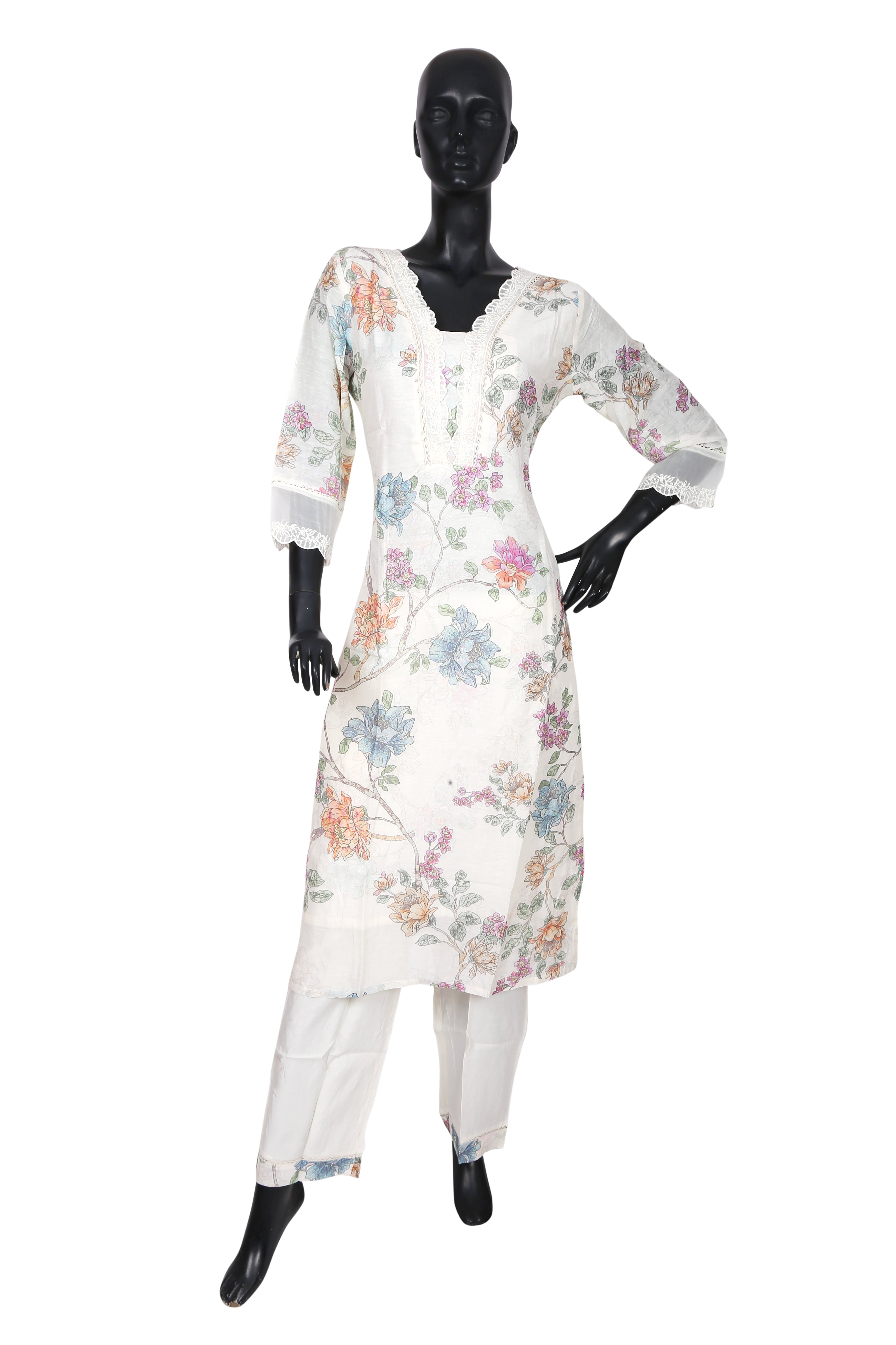 Aurelin Delyra Cream Embroidered Linen Kurta Set