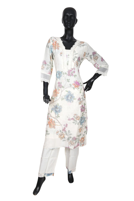 White floral printed kurta set with lace trim on a mannequin, ethnic women's wear