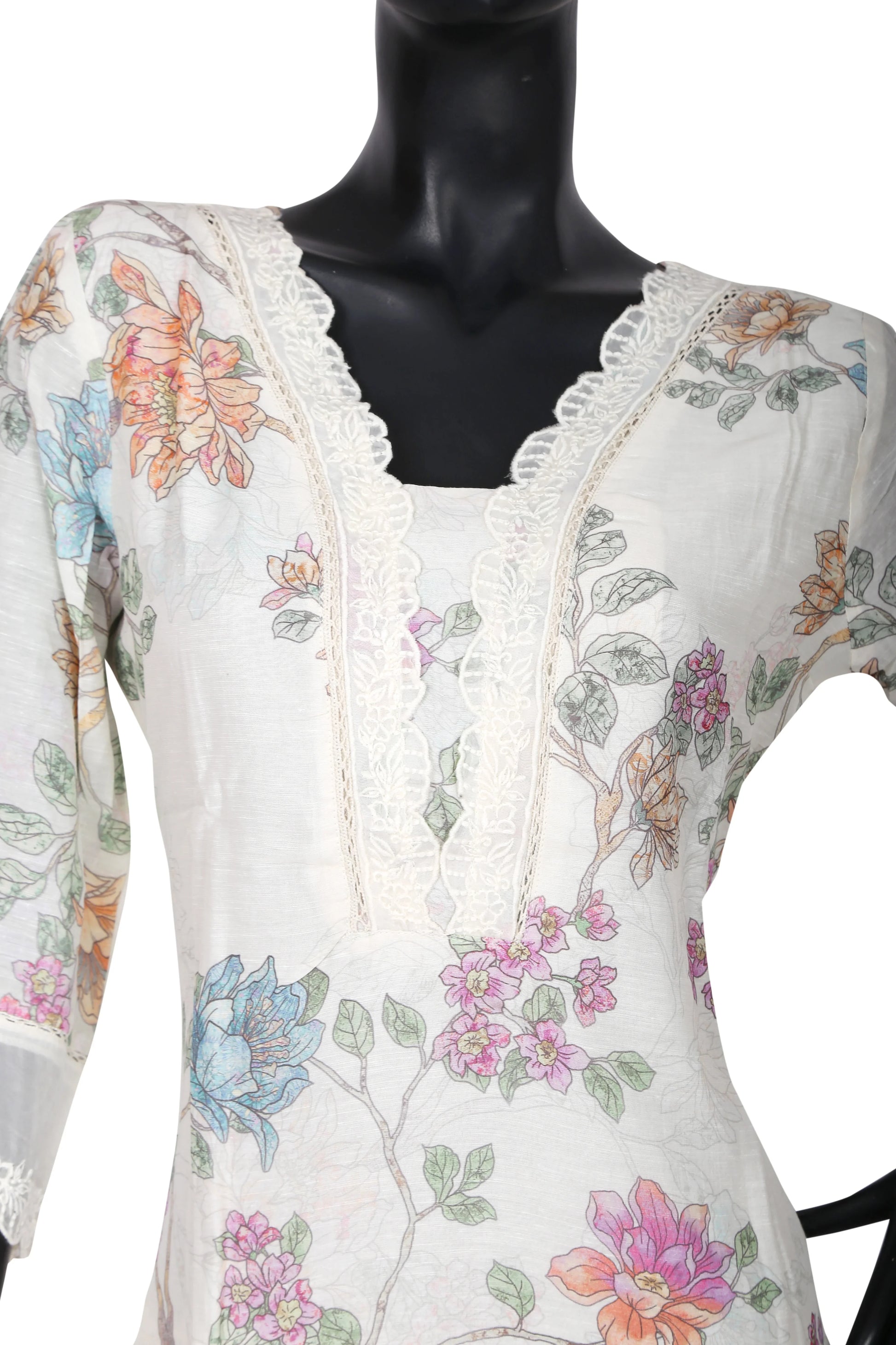 White floral printed kurta with lace V-neck on mannequin, lightweight fabric, pastel flowers