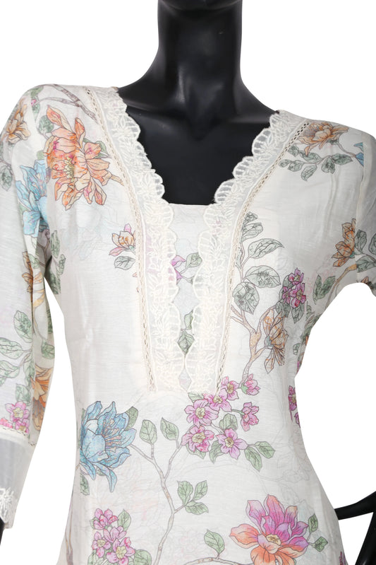 White floral printed kurta with lace V-neck on mannequin, lightweight fabric, pastel flowers