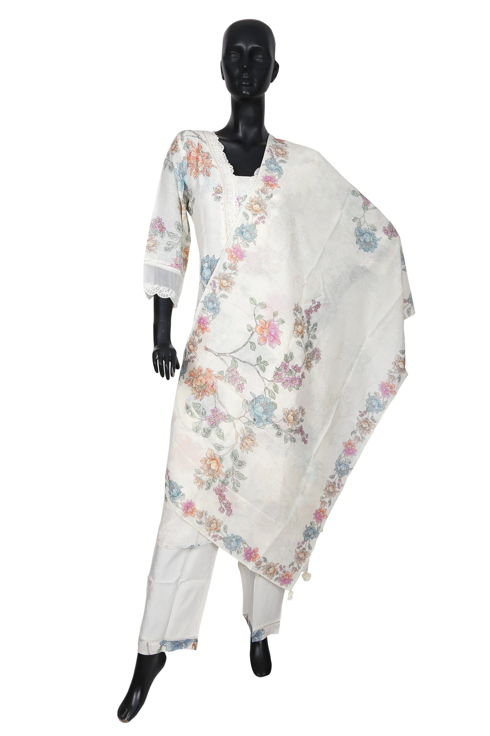 White floral printed kurta set with dupatta displayed on mannequin