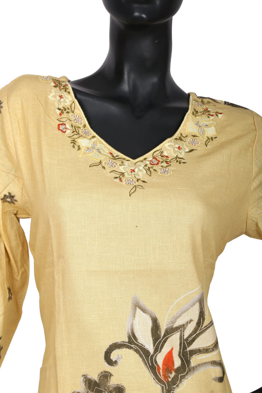 Yellow kurti with floral embroidery on V-neck and printed design on front, displayed on mannequin