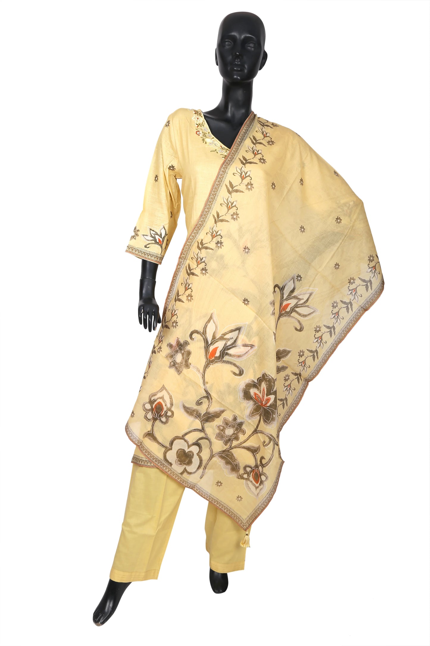 Yellow embroidered salwar kameez suit with floral dupatta on mannequin