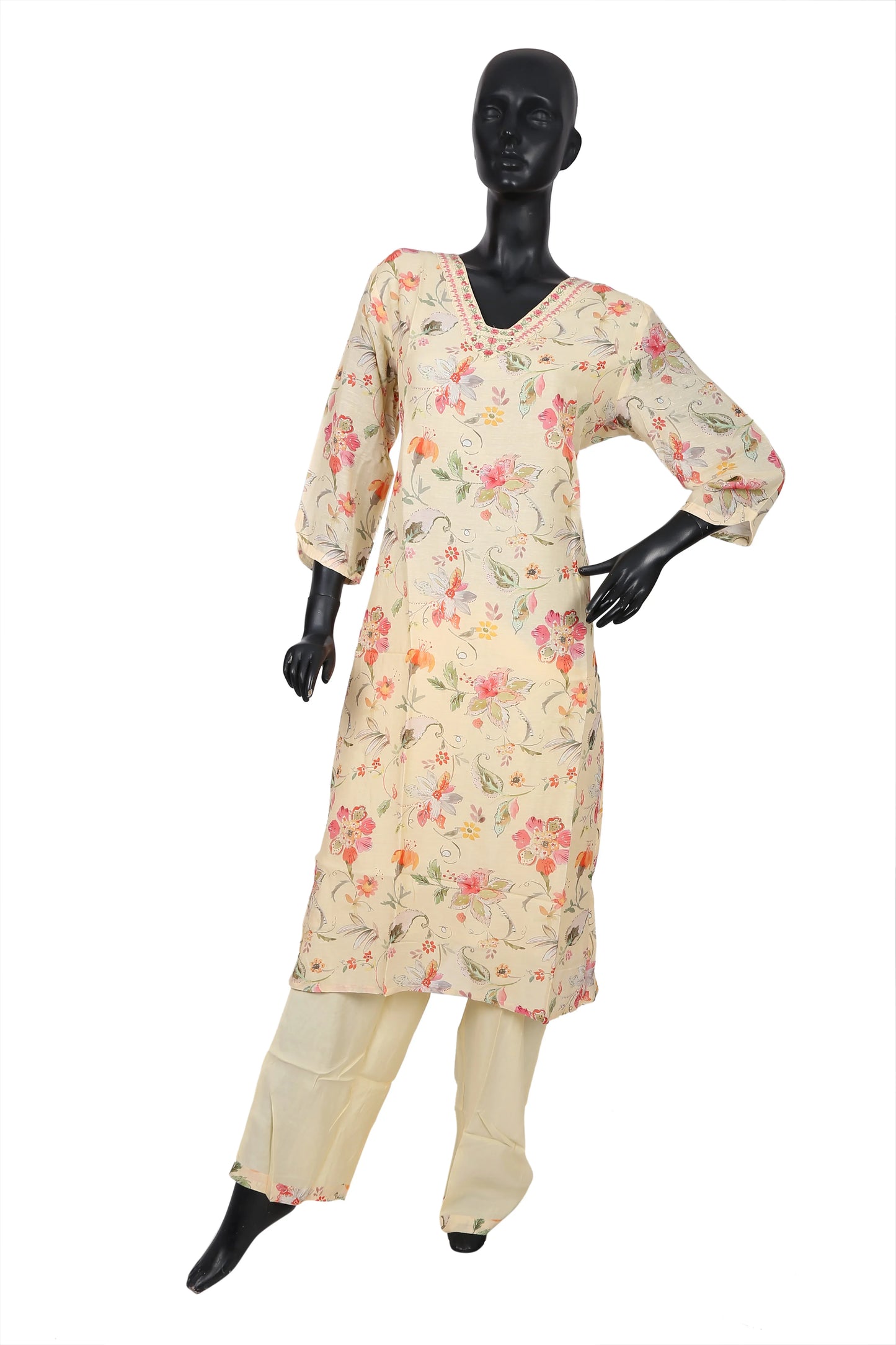 Cream floral printed kurta set with straight pants on mannequin, ethnic women's wear